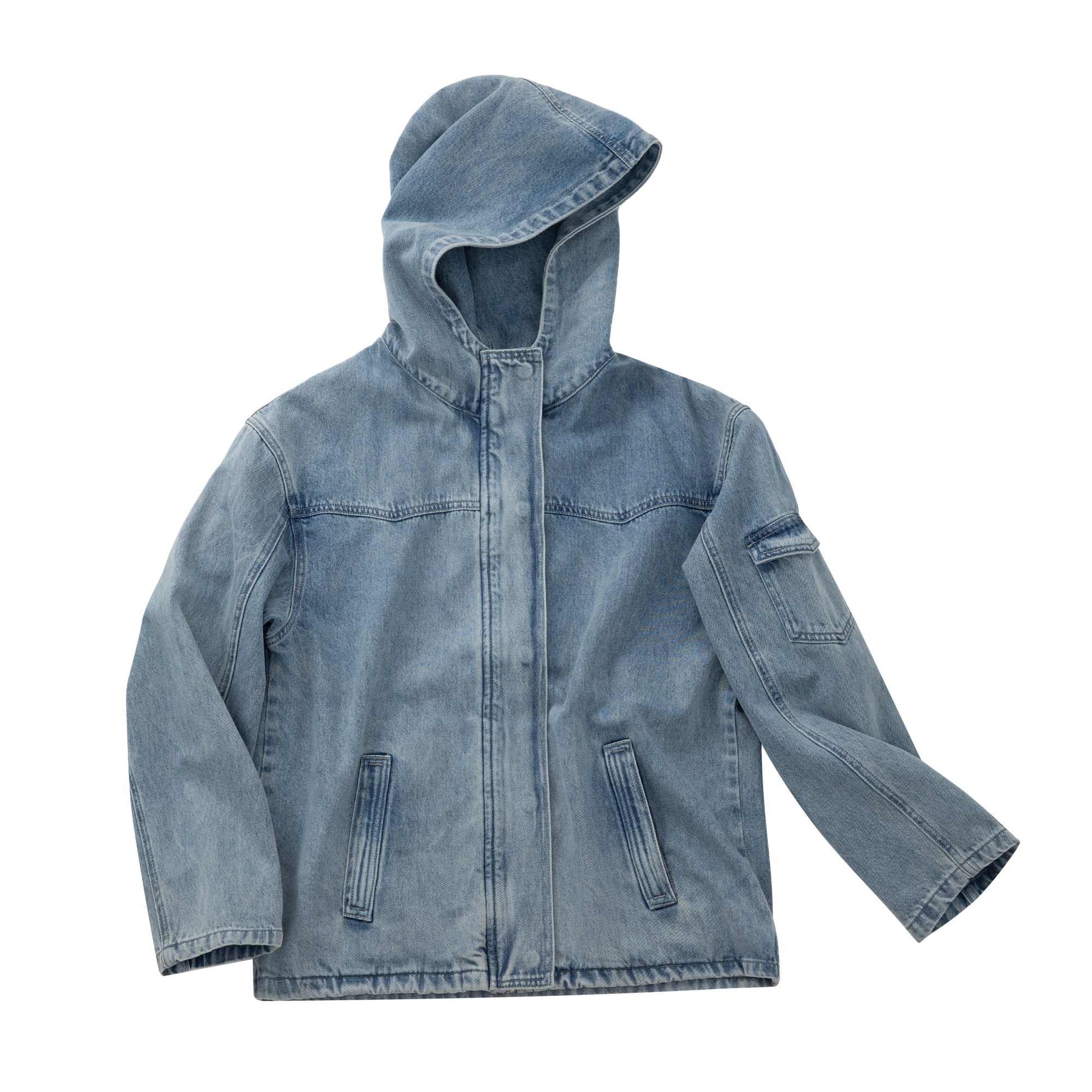 Blue Retro Zip-Up Hooded Denim Jacket