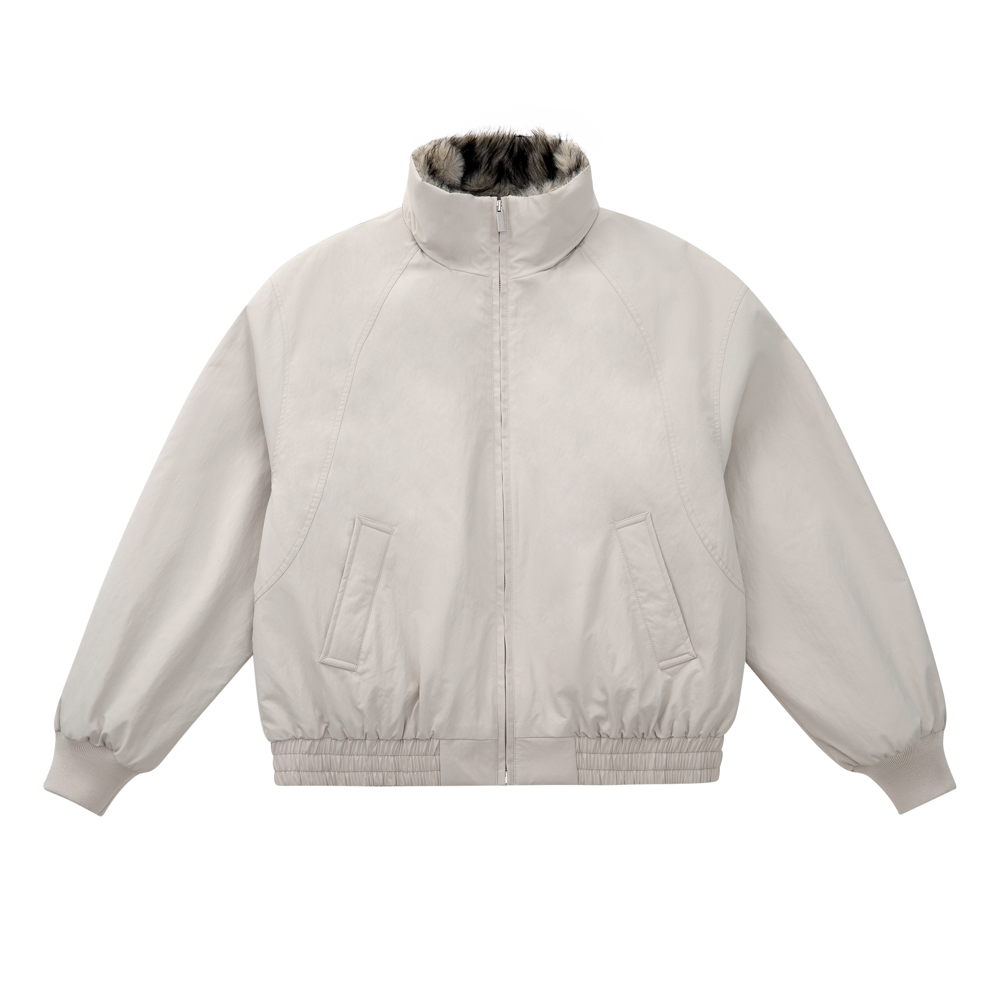 Khaki Grey Faux Mink Fur Stand Collar Bomber Jacket