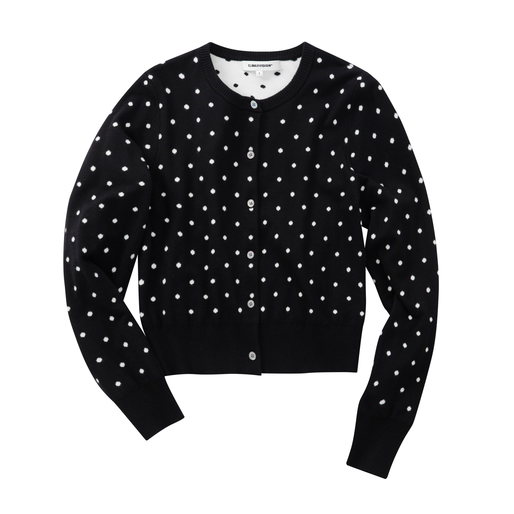 Black Polka Dot Core-Spun Yarn Crew Neck Cardigan Sweater