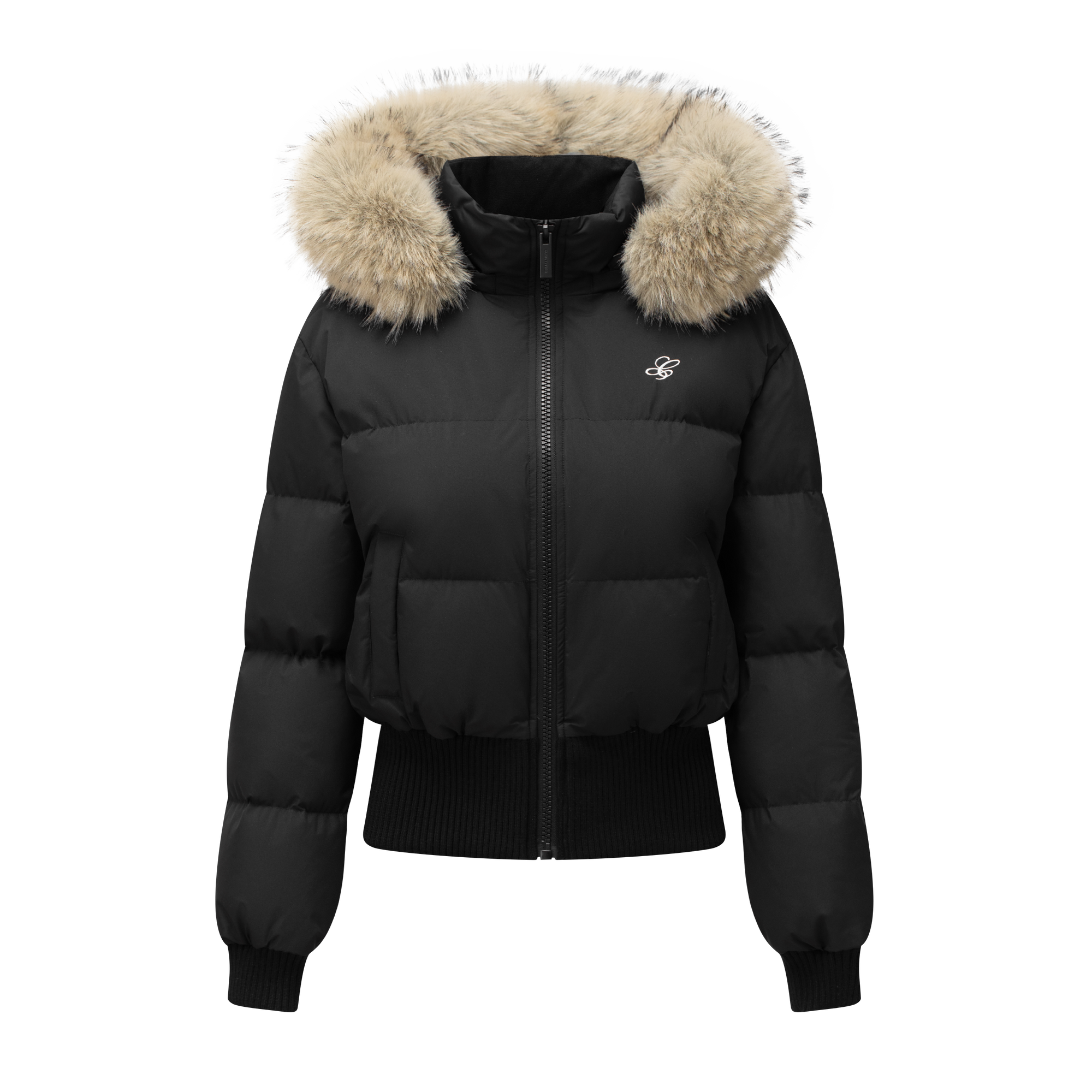 Black Short Down Jacket with Detachable Large Fur Collar