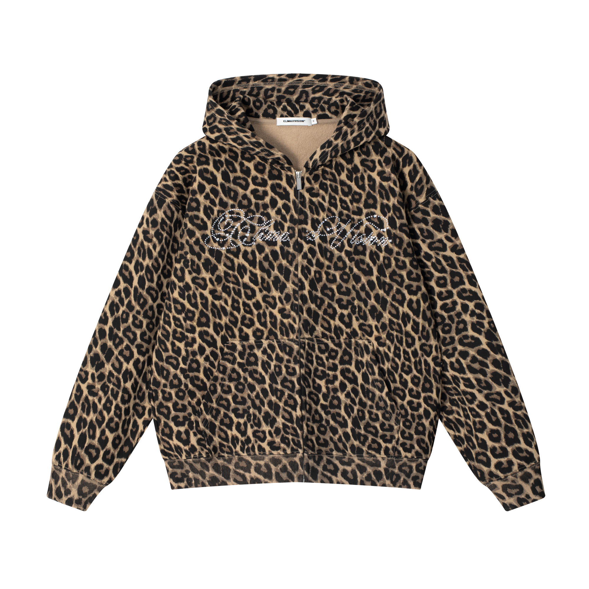 Brown Leopard Print Rhinestone Lettering Hooded Jacket