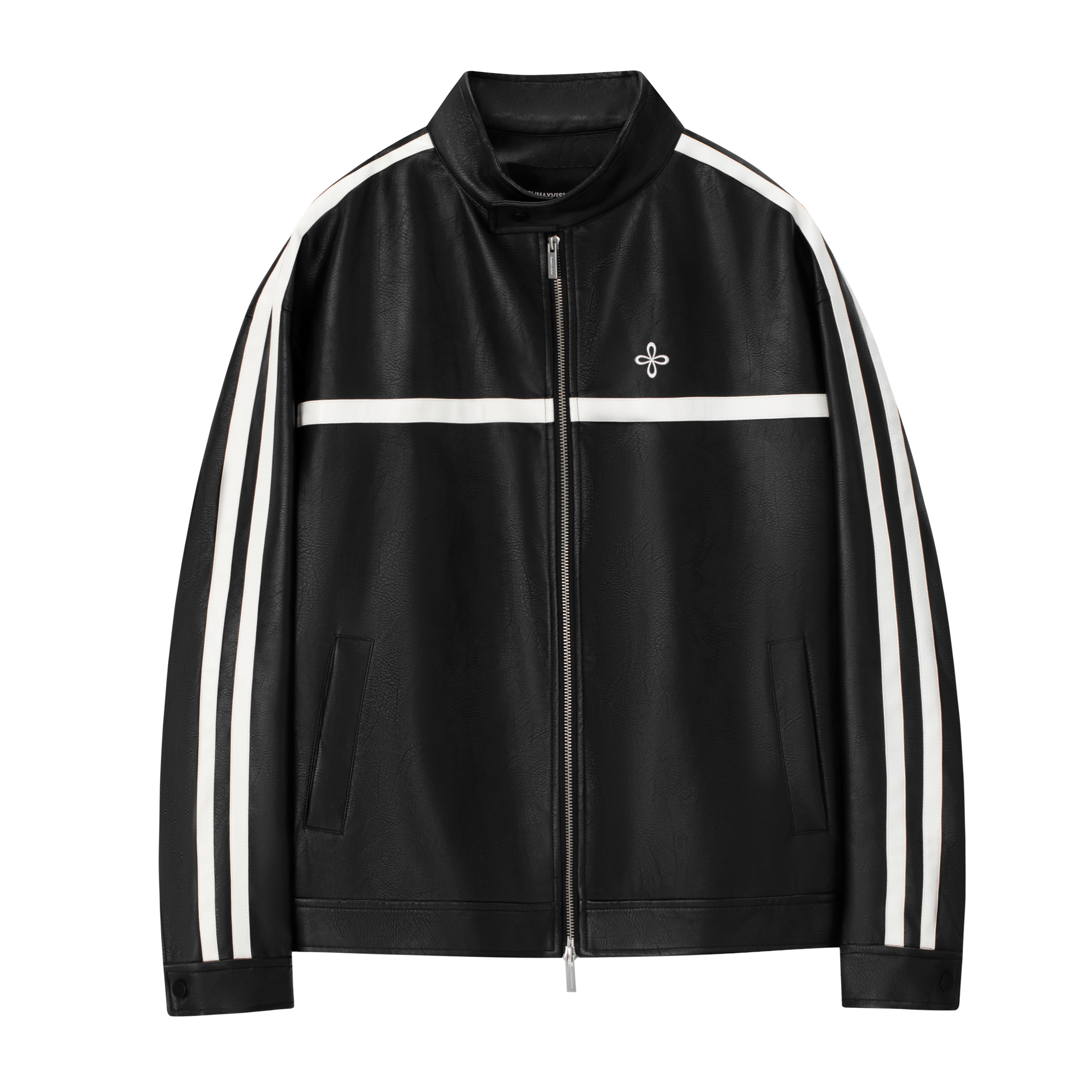 Black Retro Patchwork Stand Collar Leather Jacket