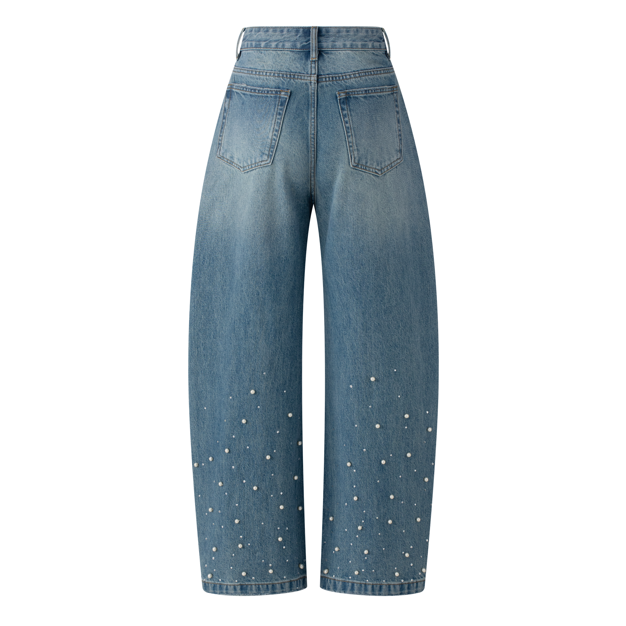 Dark Blue Rhinestone And Pearl Flare Jeans
