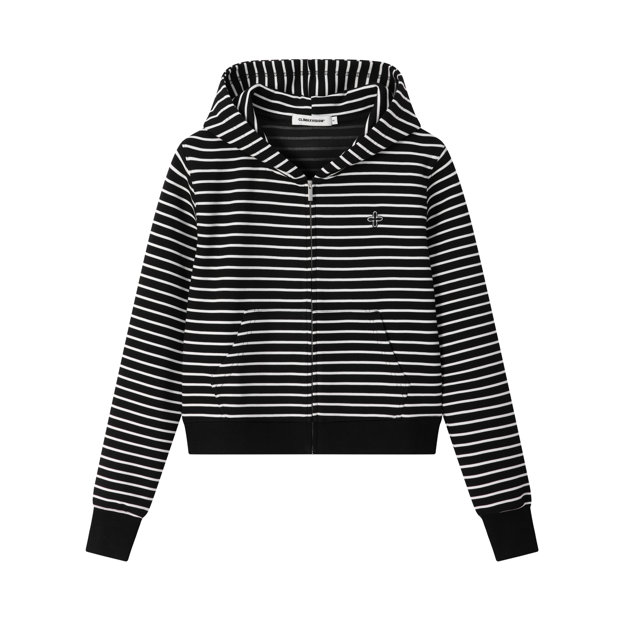 Black and White Striped Cross-Pattern Airy Hooded Zip-Up Sweatshirt