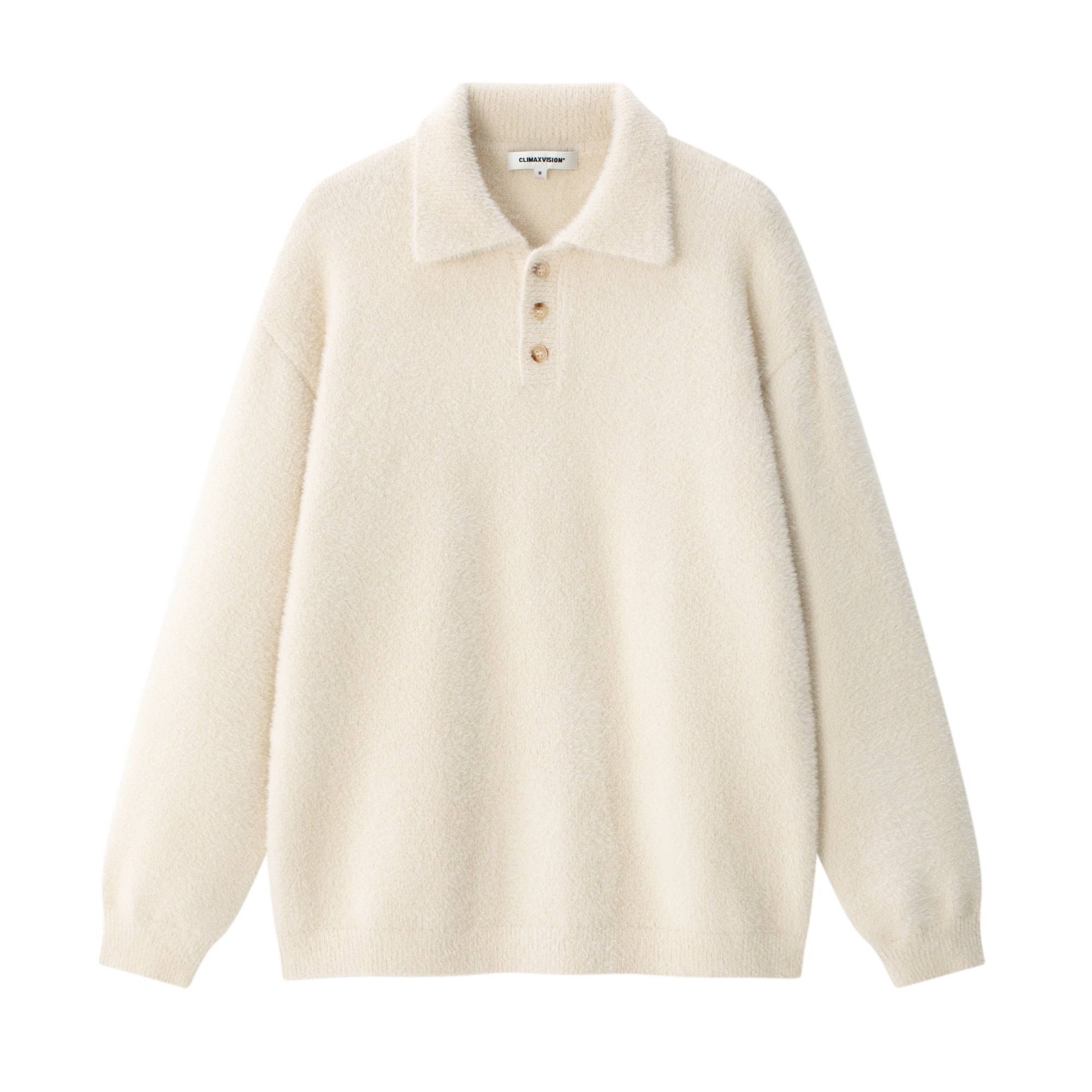 White Faux Mink Lapel Polo Collar Long-sleeved Sweater