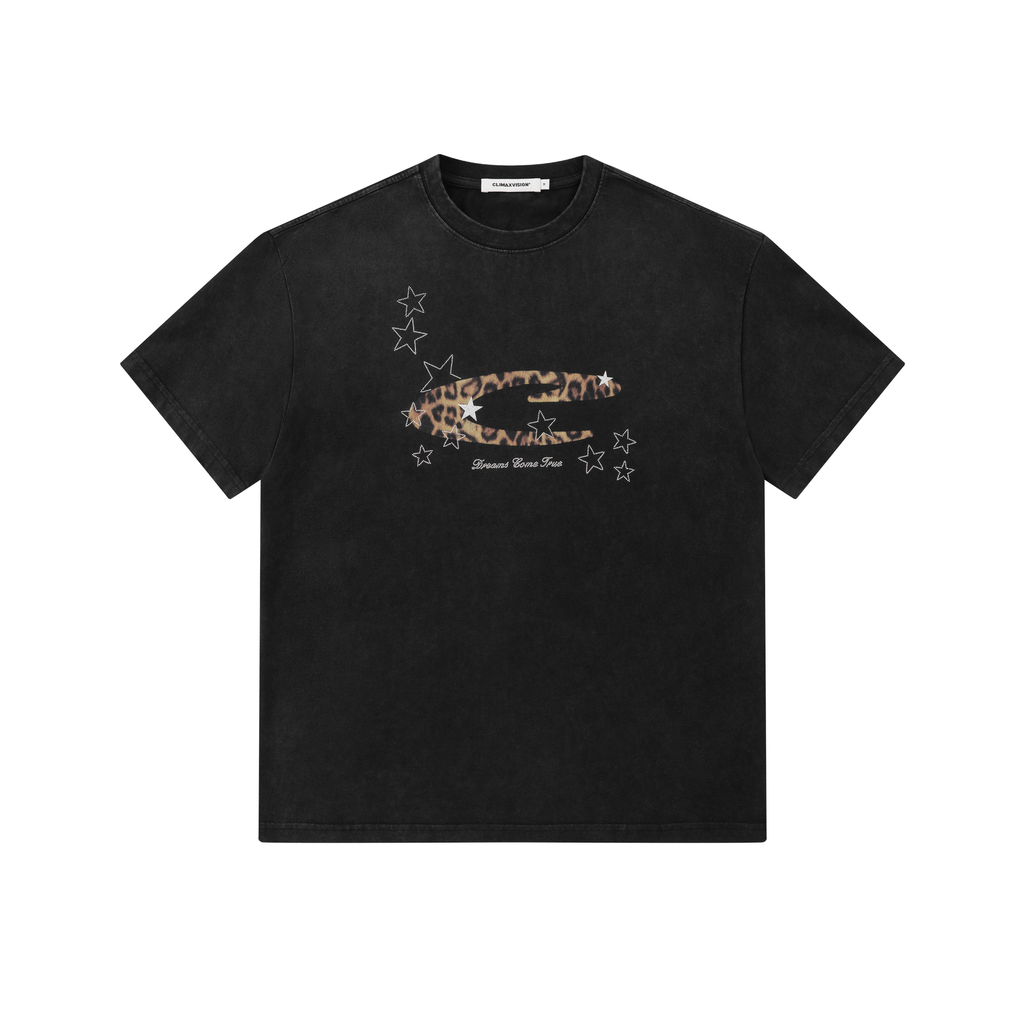 Black Leopard Print Star Rhinestone Letter Short-Sleeve T-Shirt