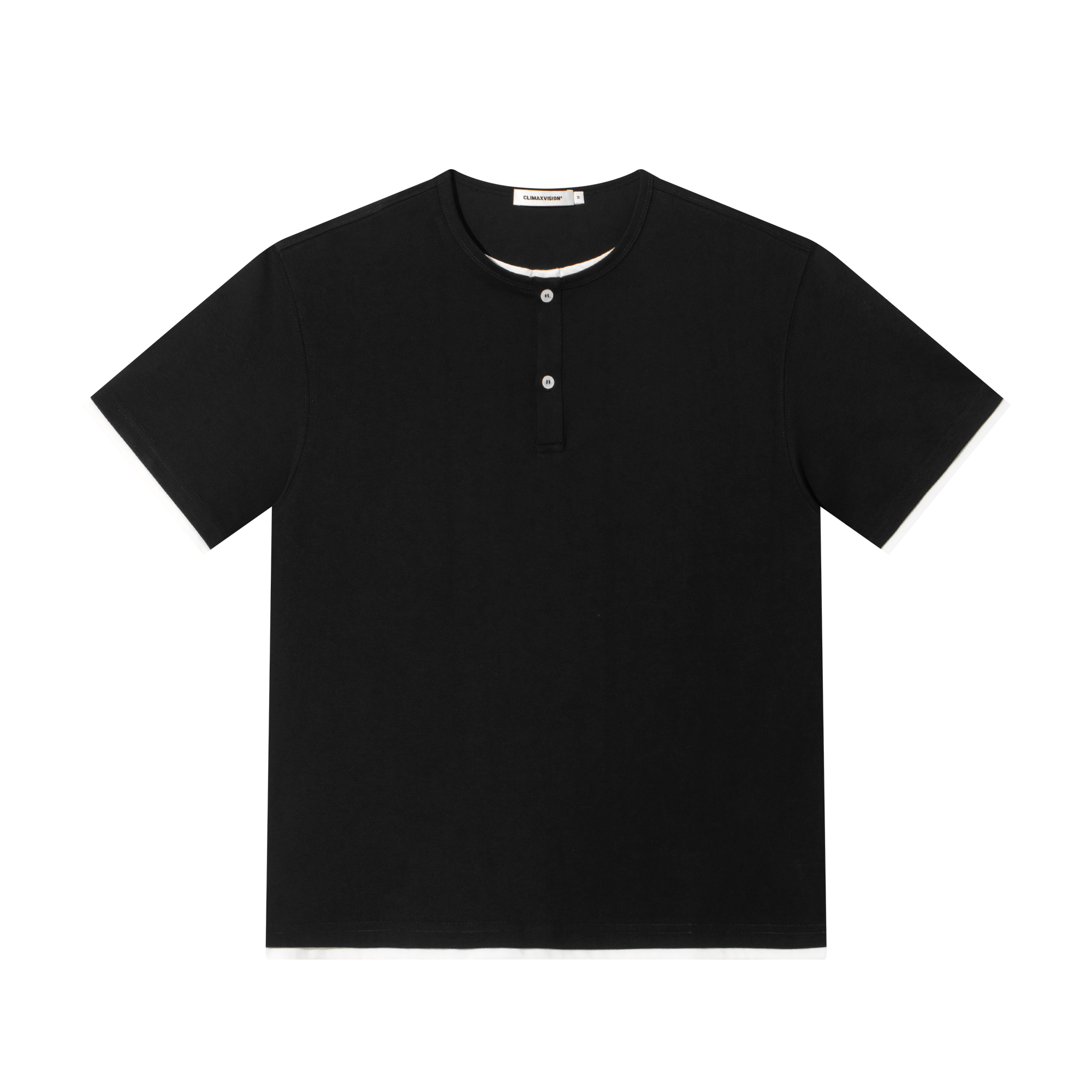 Black Fake Two Piece Henley Collar Short Sleeve