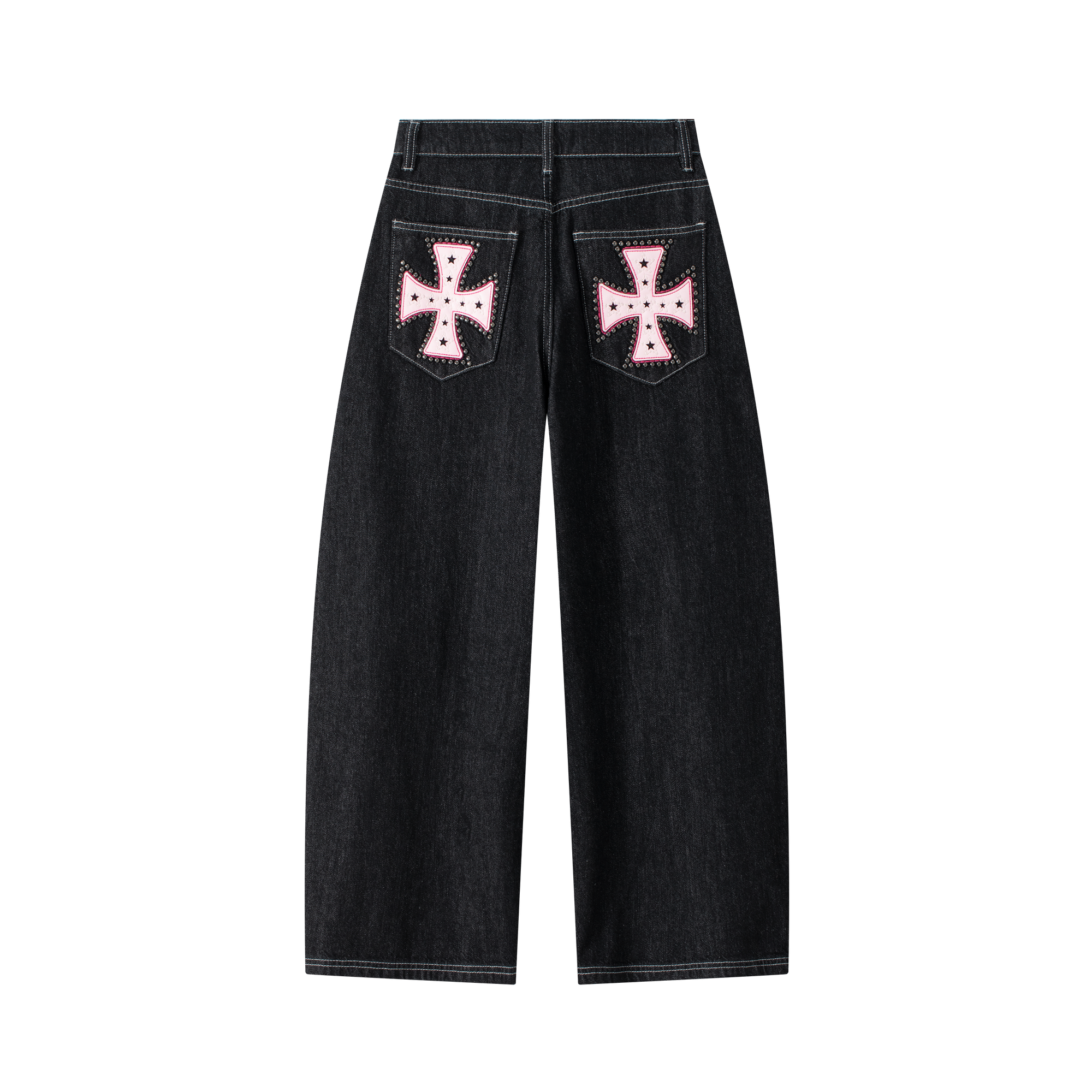Black Cross-Studded Leather Embroidered Scimitar Jeans
