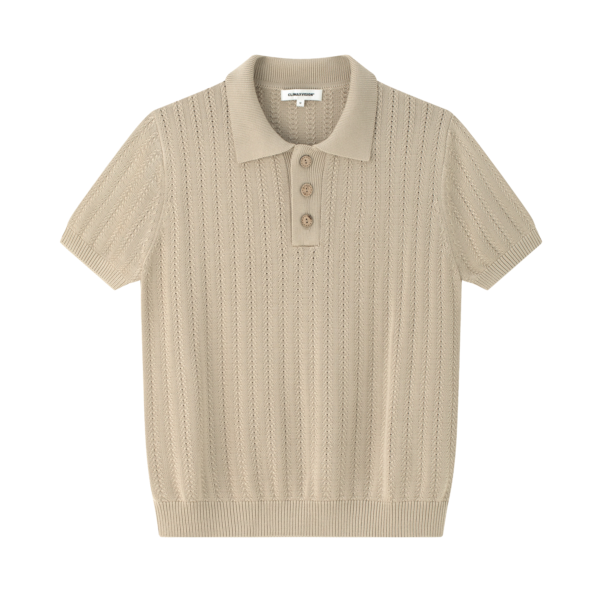 Brown Wheat-Patterned Textured Knit Polo Shirt