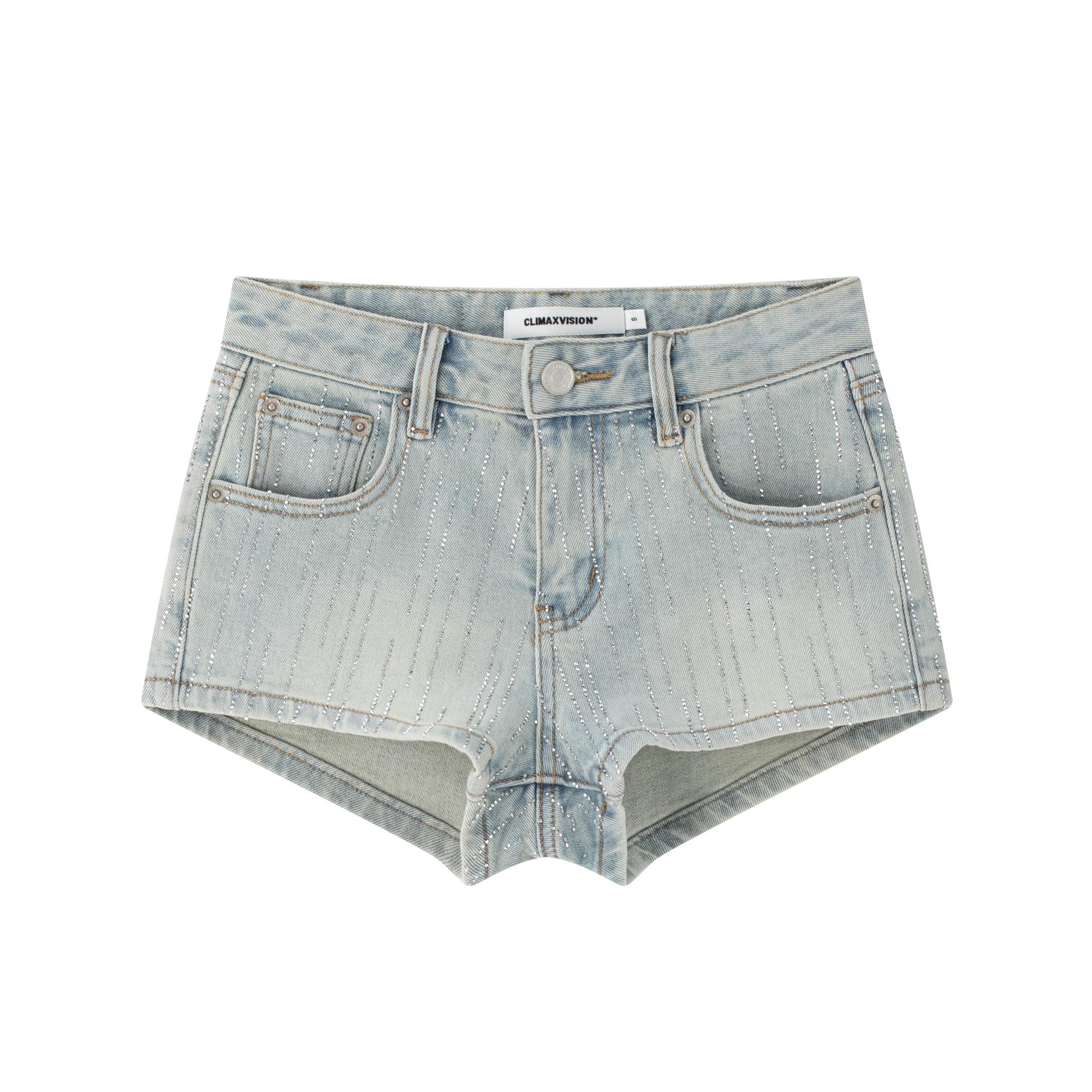 Blue Rhinestone-Studded Starry Washed Denim Shorts