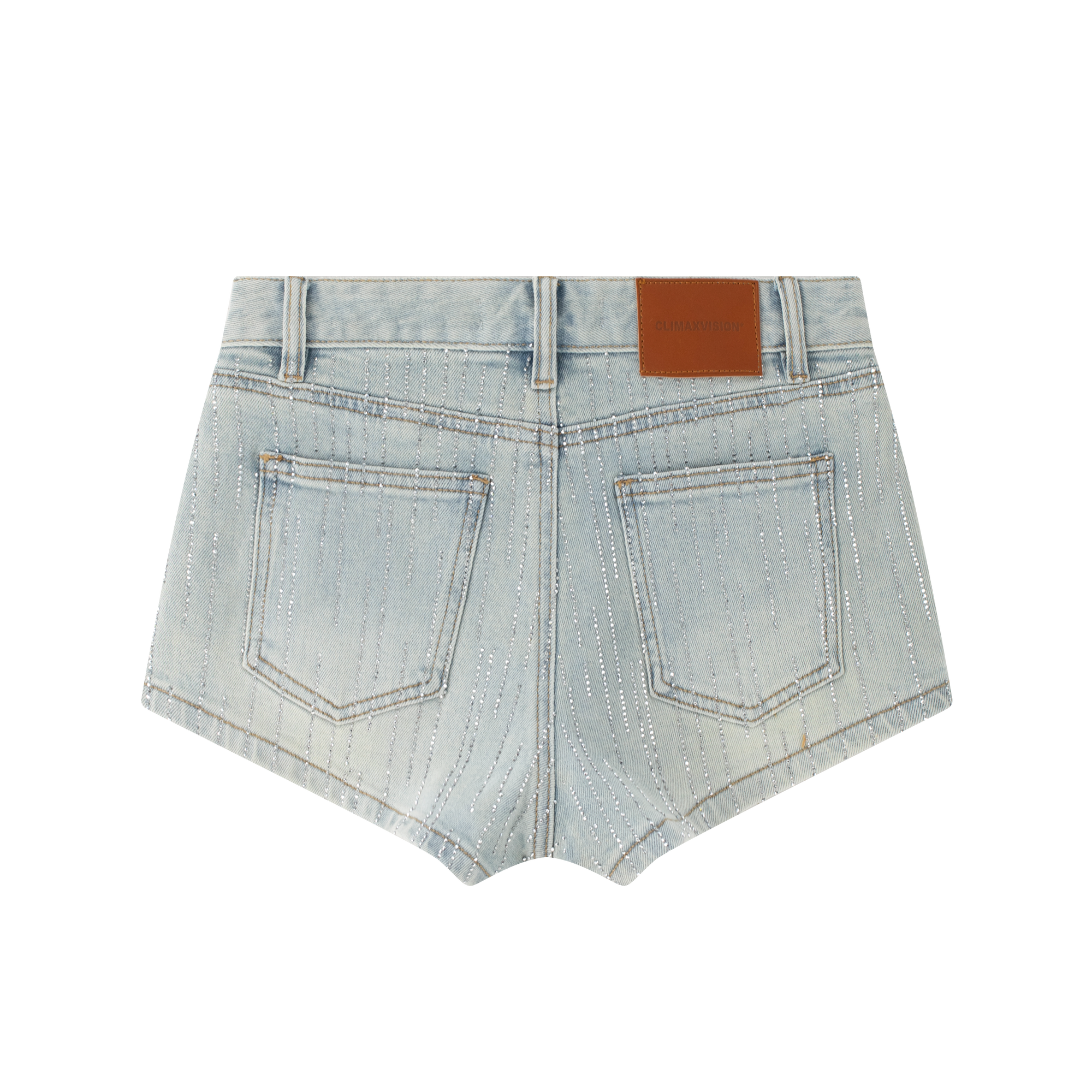 Blue Rhinestone-Studded Starry Washed Denim Shorts