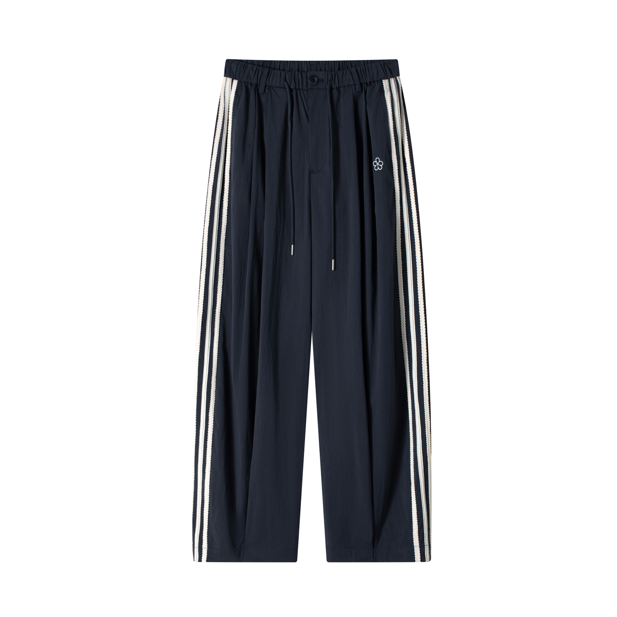 Navy Blue Floral Embroidered Side Striped Wide-Leg Pants
