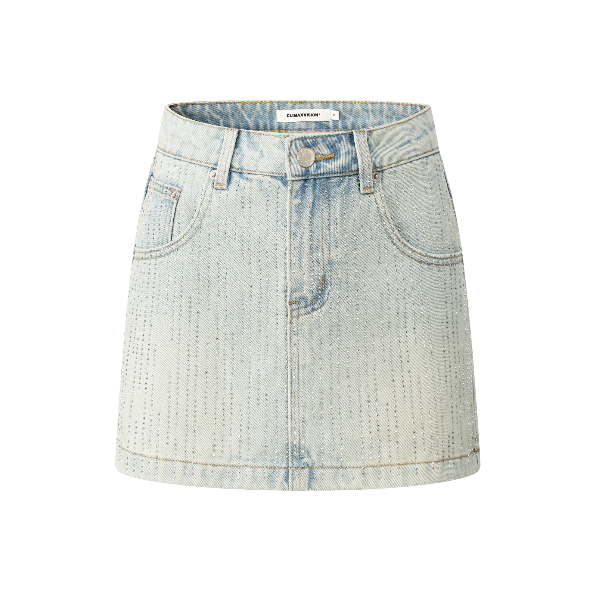 Blue Rhinestone-Studded Denim Mini Skirt