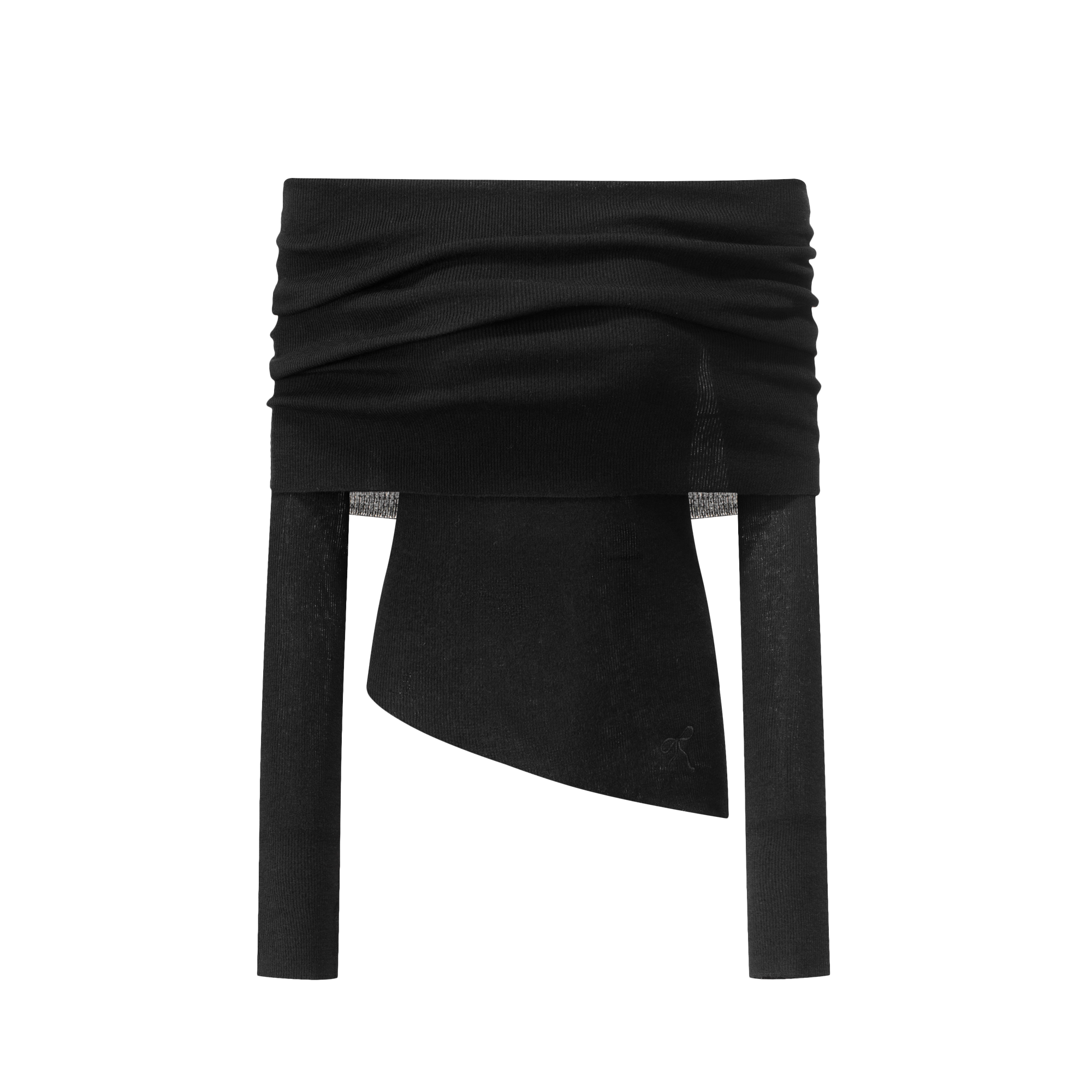 Black Wool Blend Stacked Pleated One-shoulder Knitted Long Sleeves