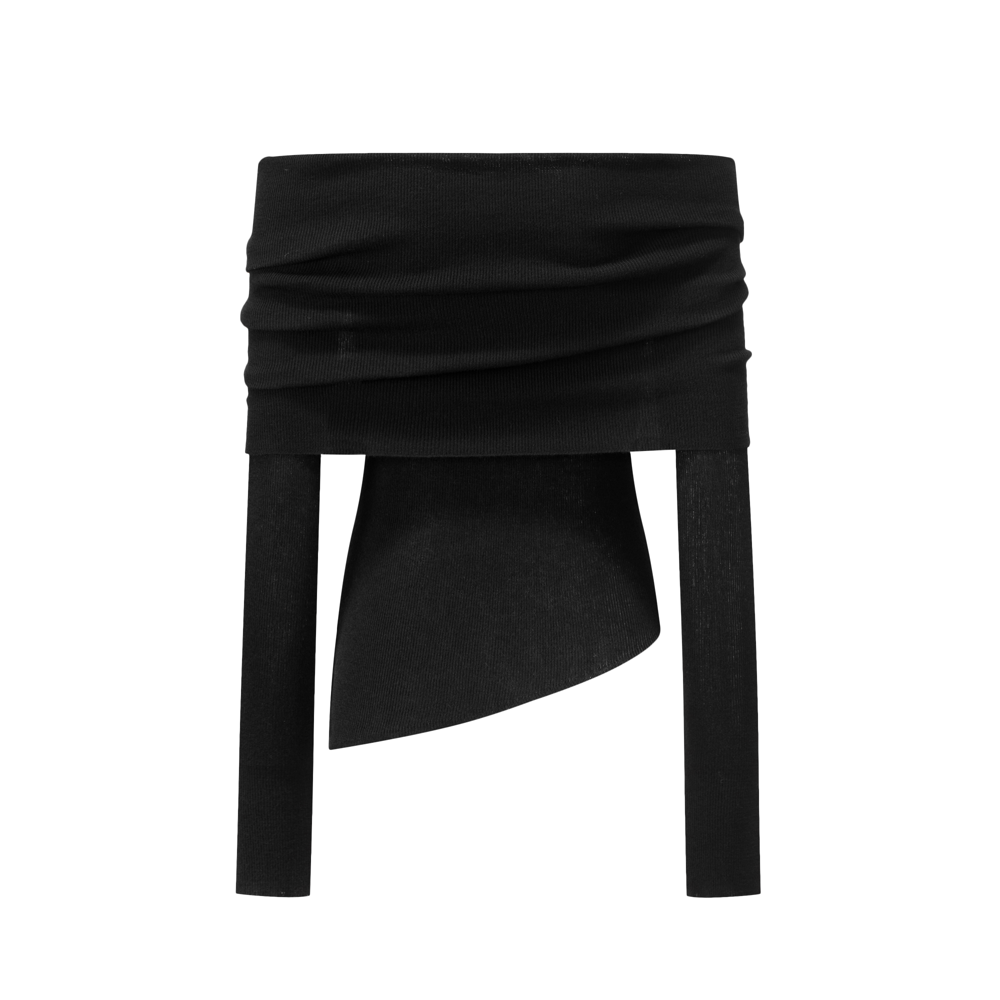 Black Wool Blend Stacked Pleated One-shoulder Knitted Long Sleeves