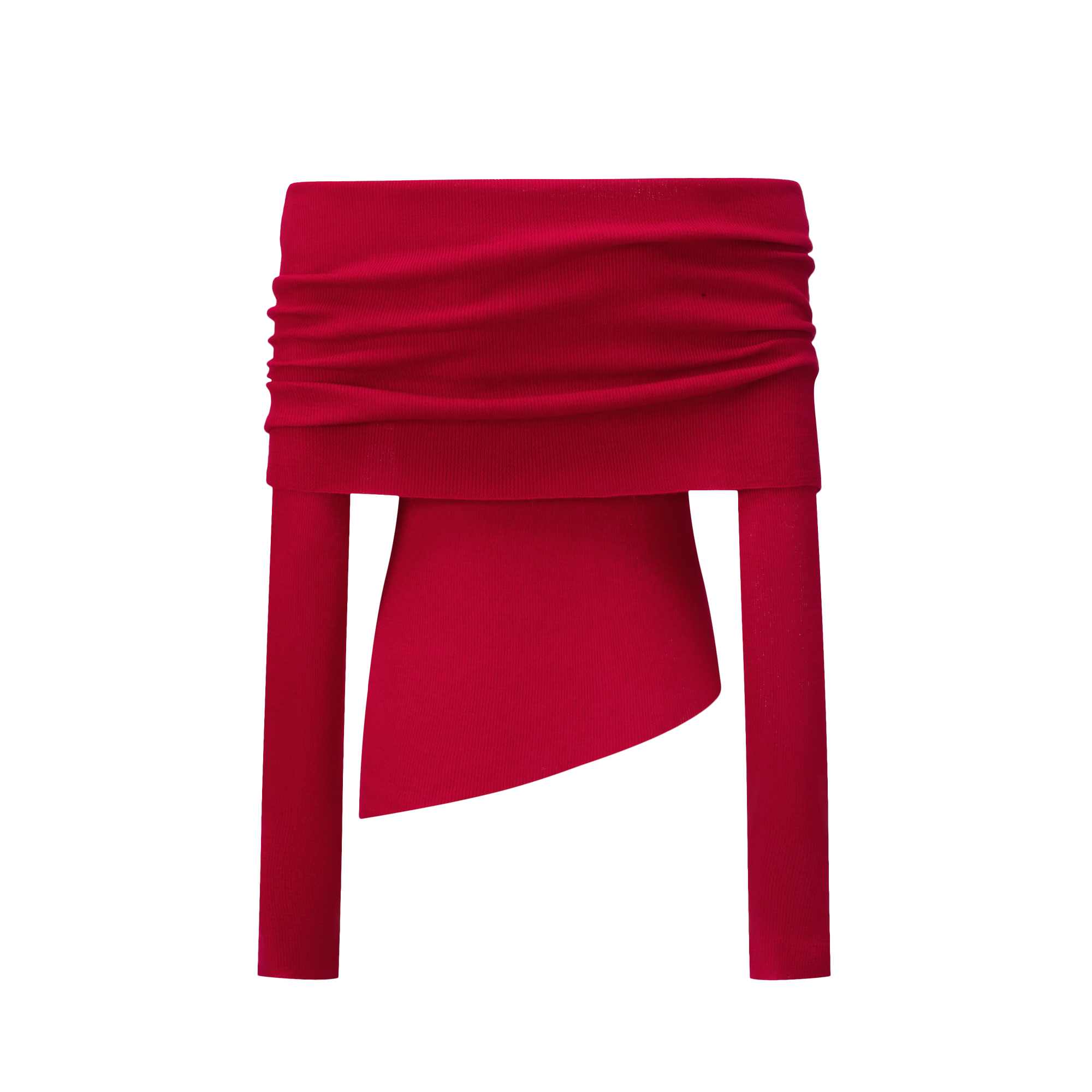 Red Wool Blend Stacked Pleated One-shoulder Knitted Long Sleeves