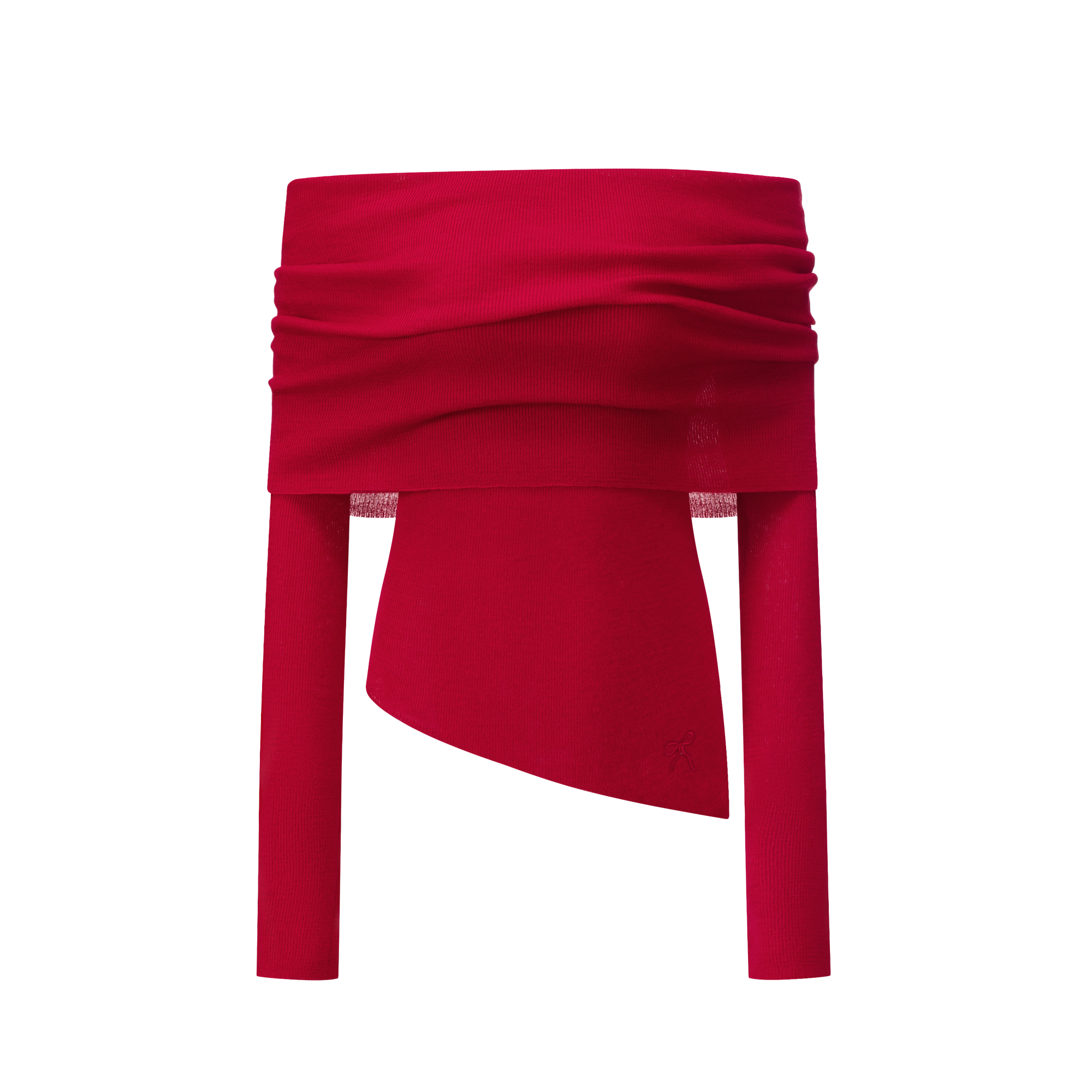 Red Wool Blend Stacked Pleated One-shoulder Knitted Long Sleeves