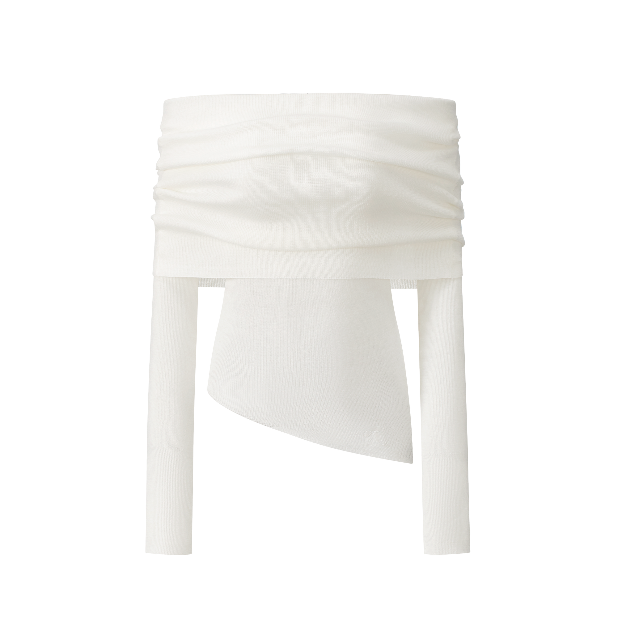 White Wool Blend Stacked Pleated One-shoulder Knitted Long Sleeves