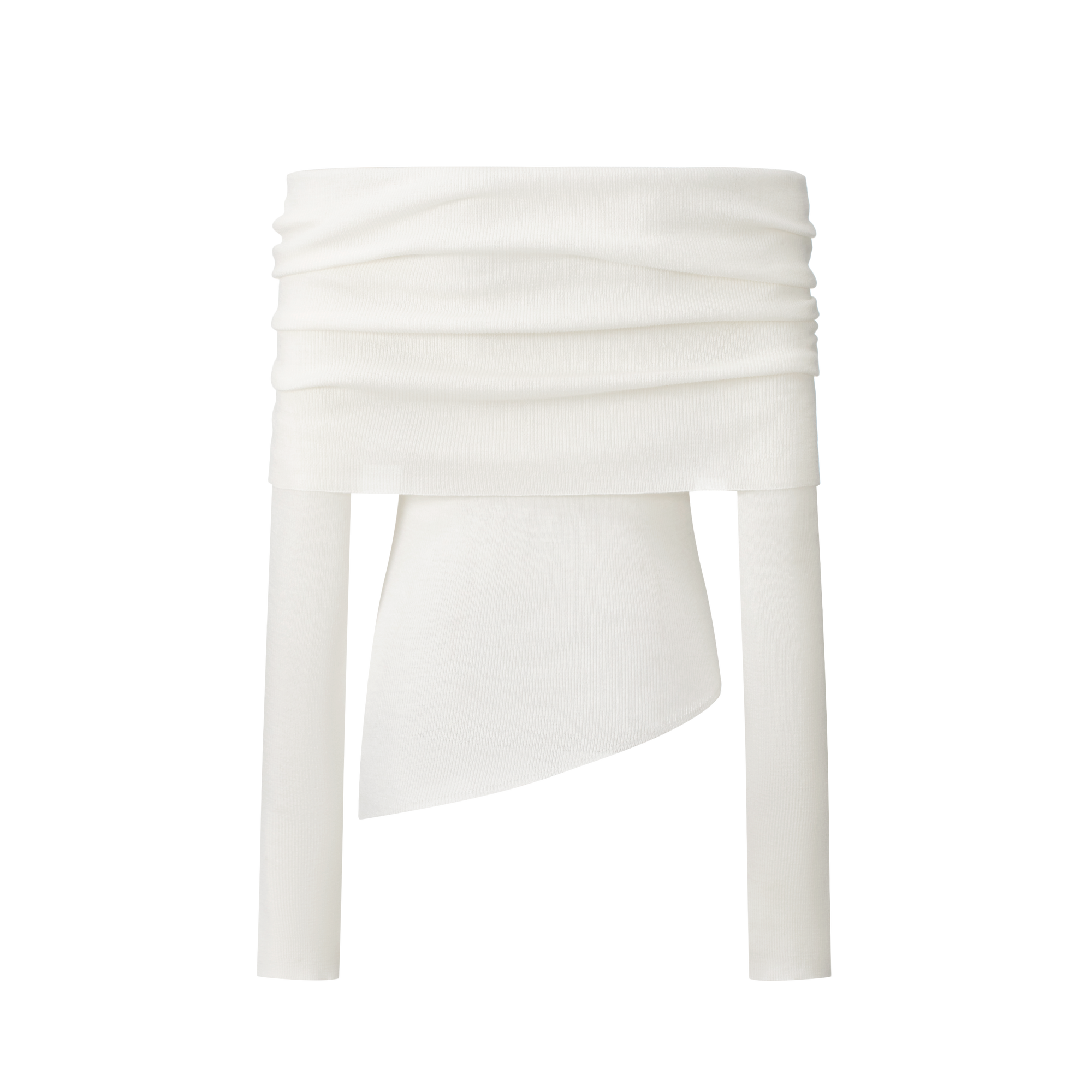 White Wool Blend Stacked Pleated One-shoulder Knitted Long Sleeves