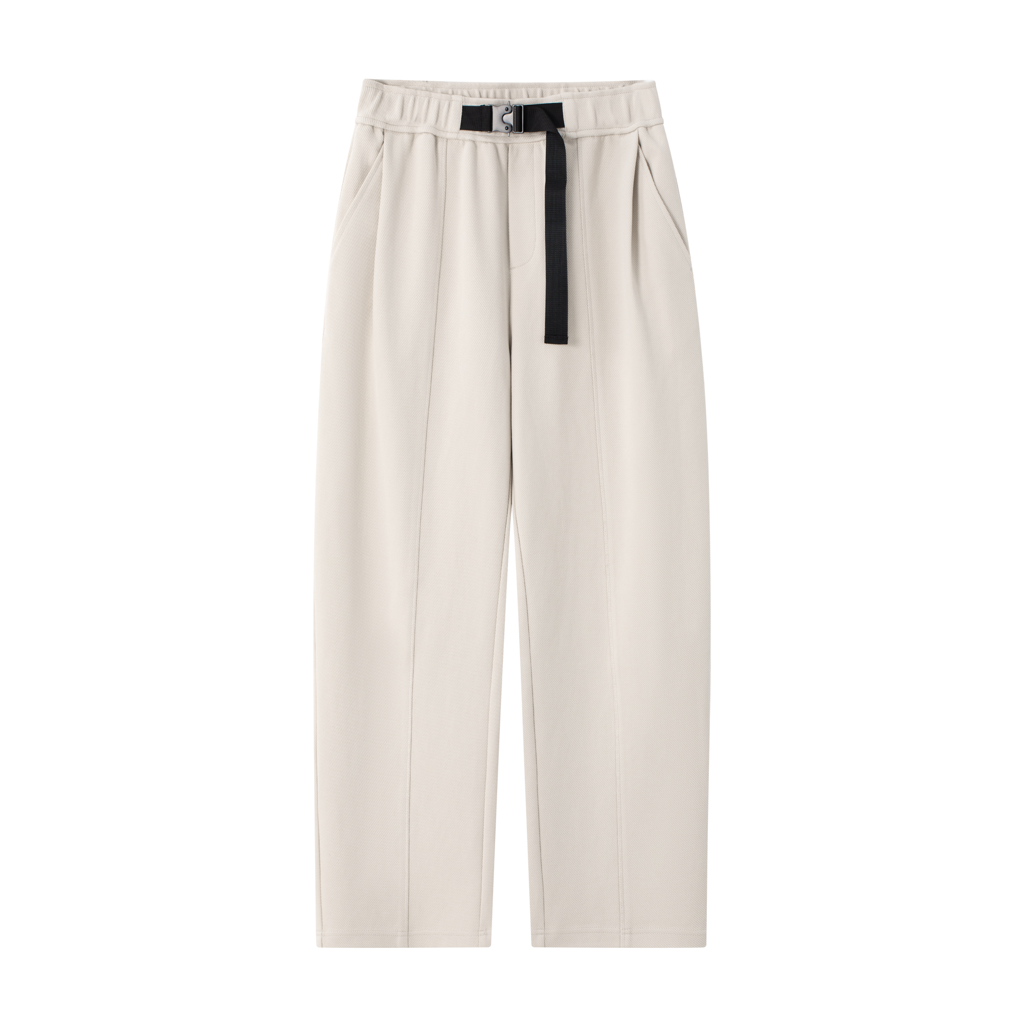 Beige Embossed Twill Buckle Casual Tapered Trousers