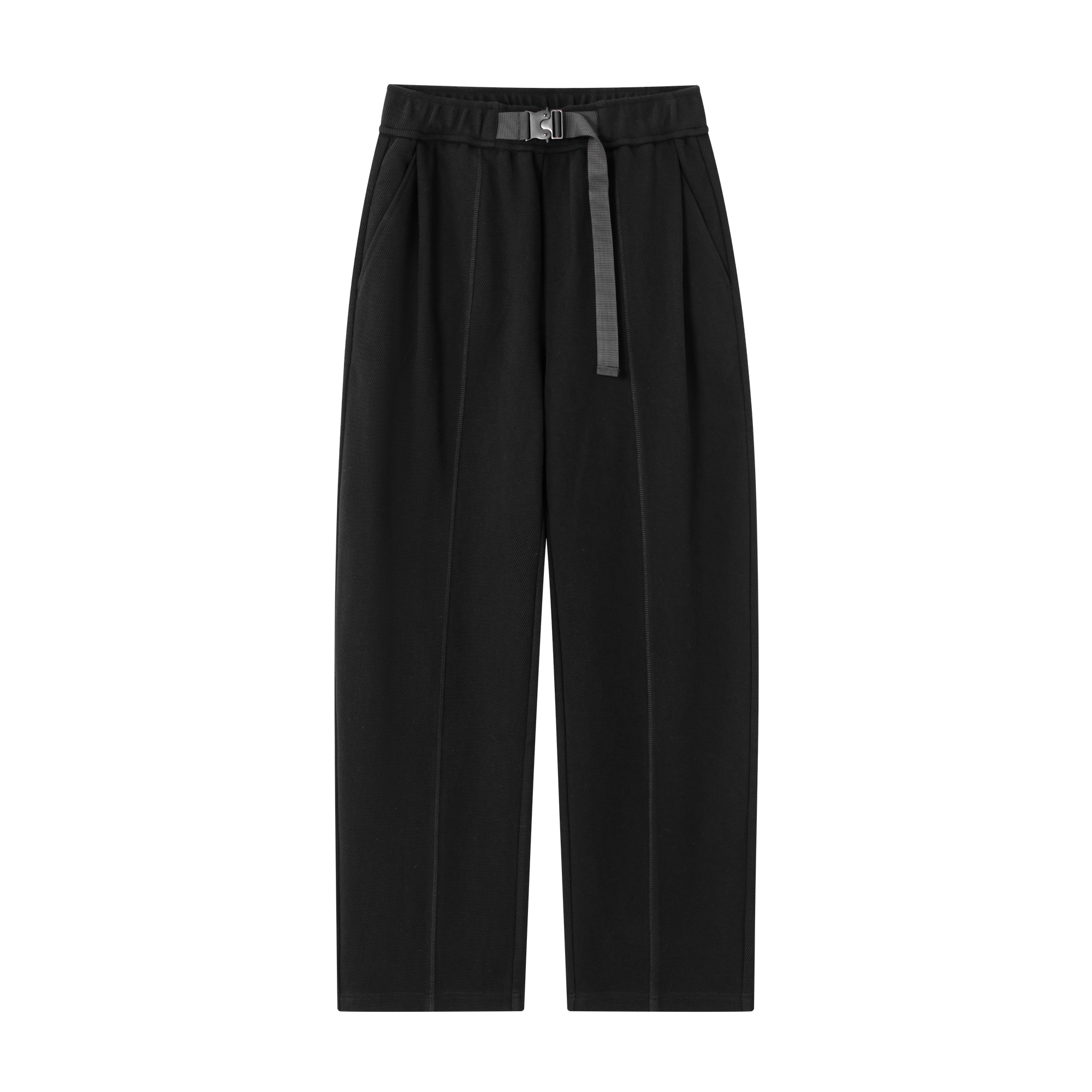 Black Embossed Twill Buckle Casual Tapered Trousers