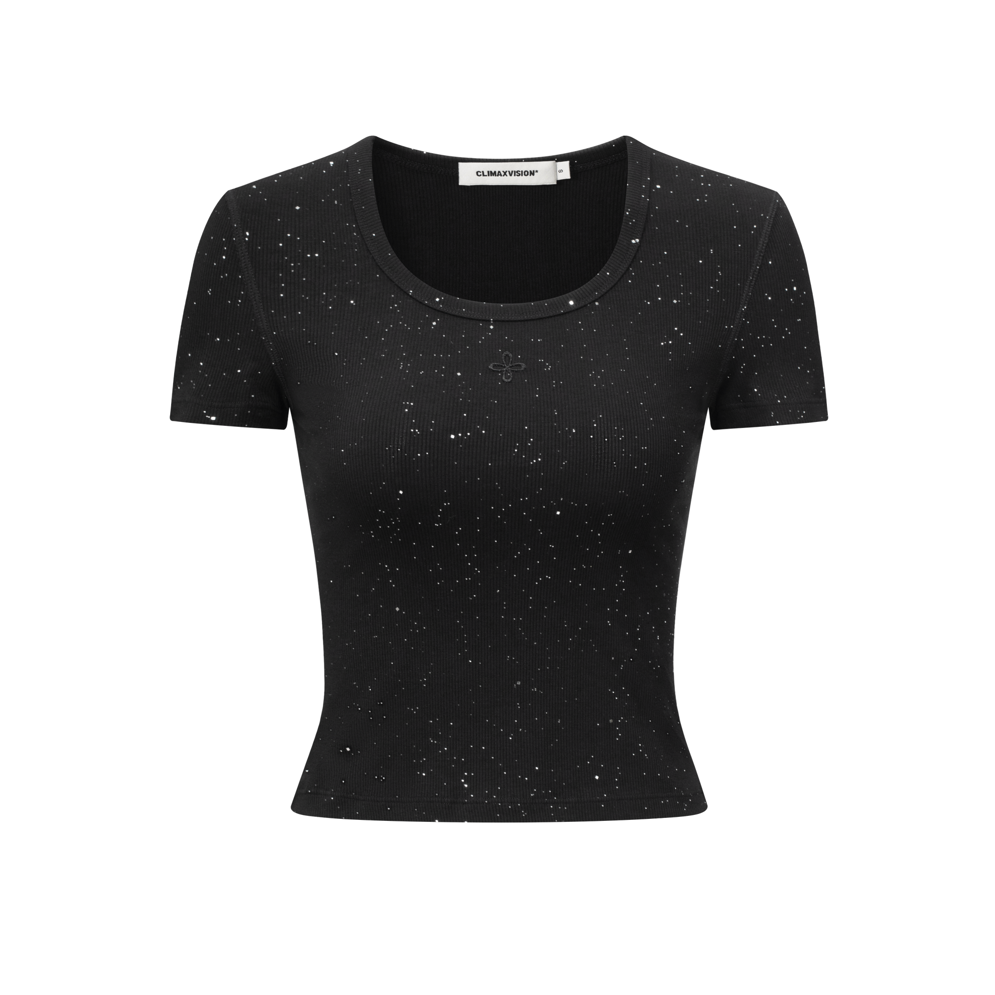 Black Cross Flower Rhinestone Elastic U-Neck T-shirt