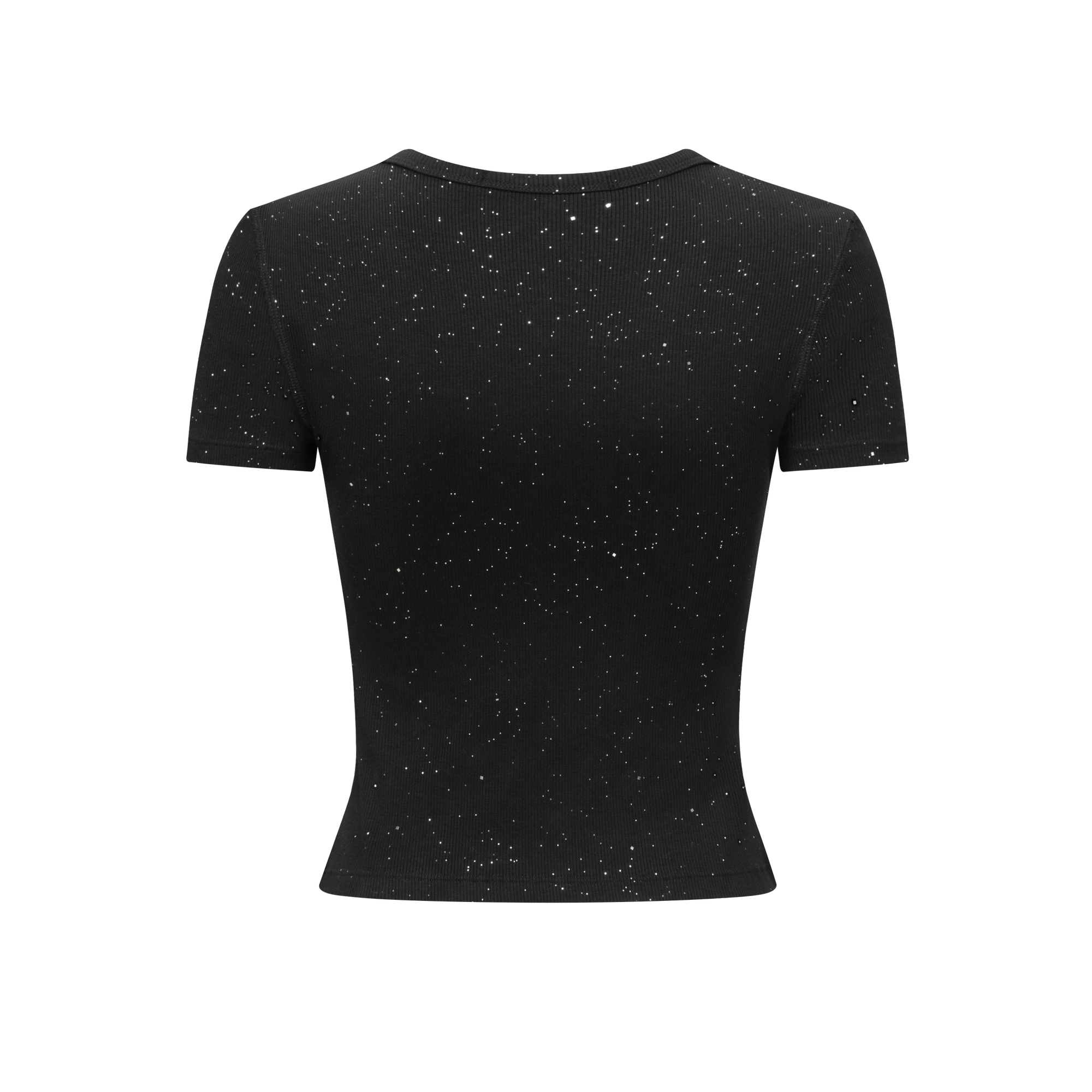 Black Cross Flower Rhinestone Elastic U-Neck T-shirt