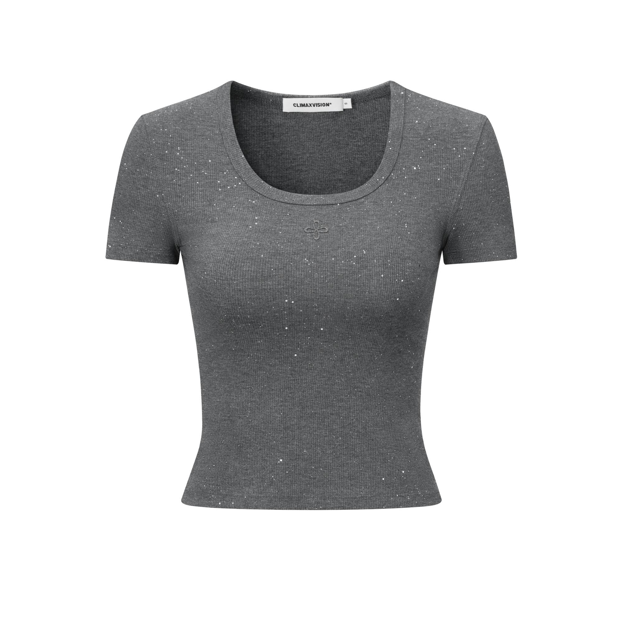 Gray Cross Flower Rhinestone Elastic U-Neck T-shirt