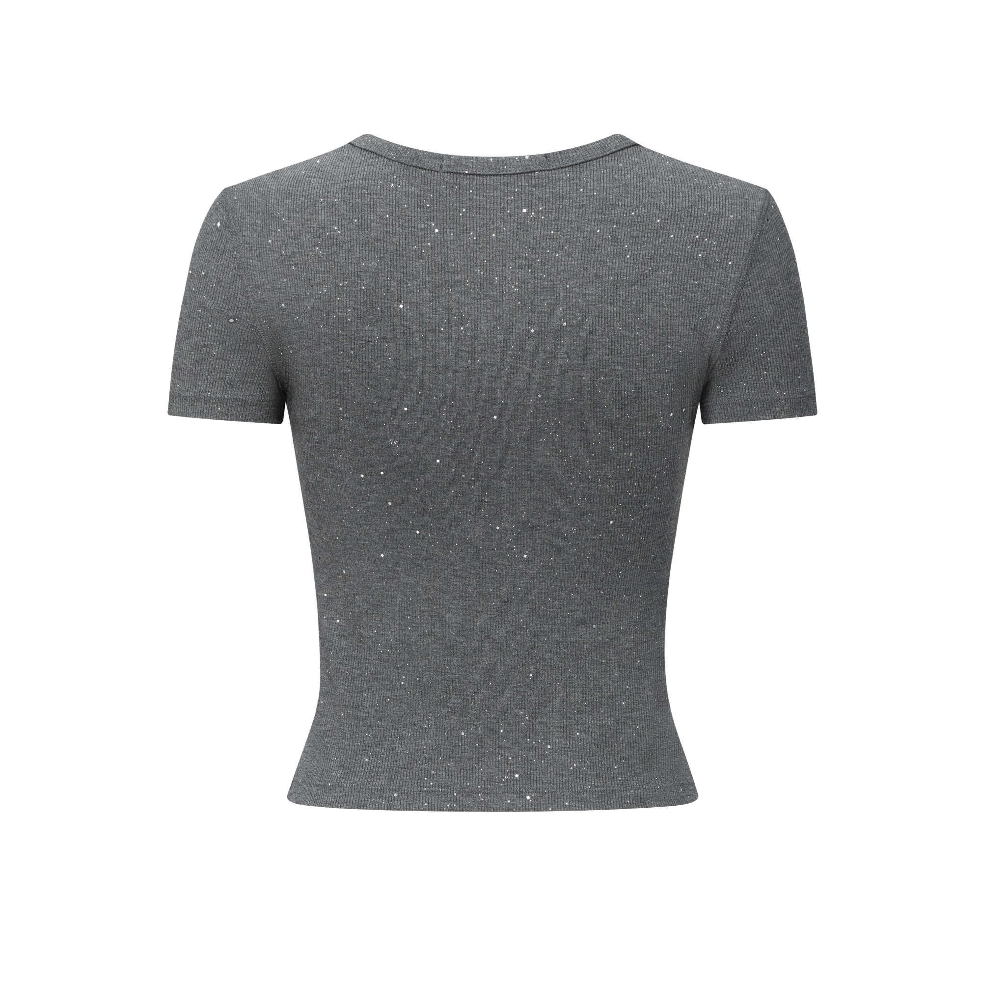 Gray Cross Flower Rhinestone Elastic U-Neck T-shirt