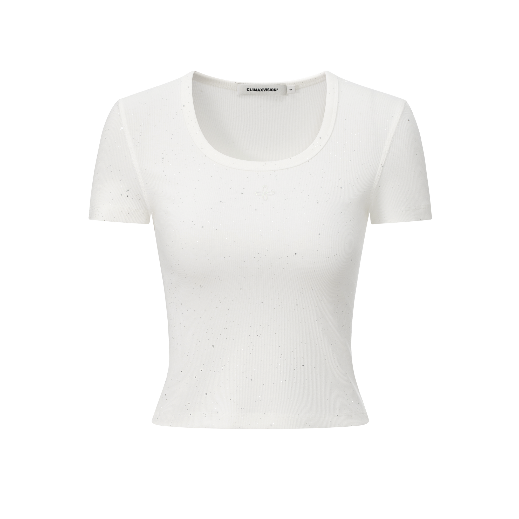 White Cross Flower Rhinestone Elastic U-Neck T-shirt