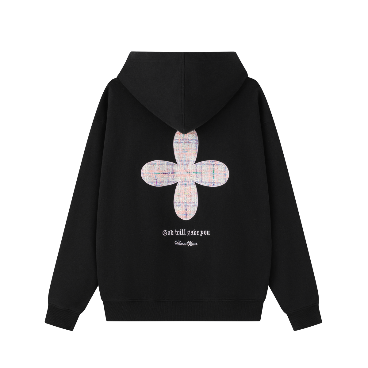 Black Chanel-style Cross Embroidered Hooded Sweatshirt