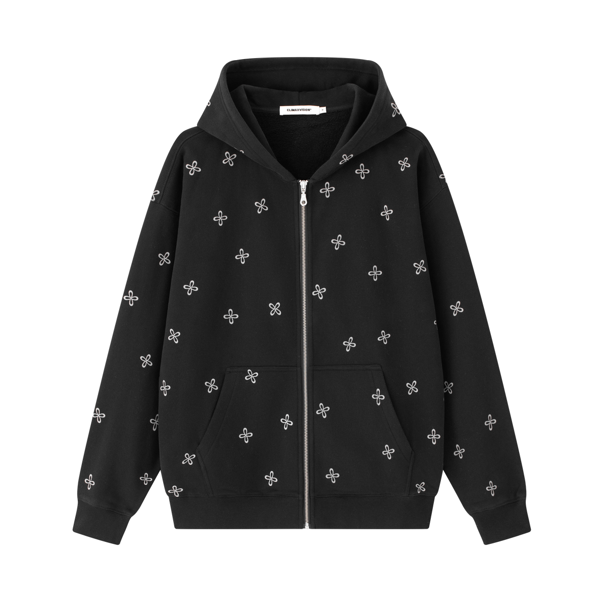 Black Cross Print Zip-Up Hooded Sweatshirt