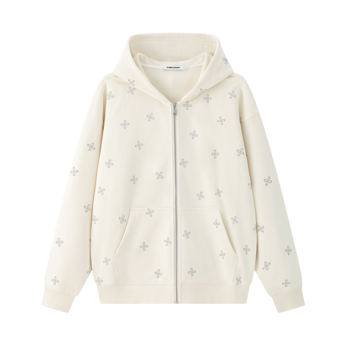 Beige Cross Print All-Over Zip-Up Hooded Sweatshirt