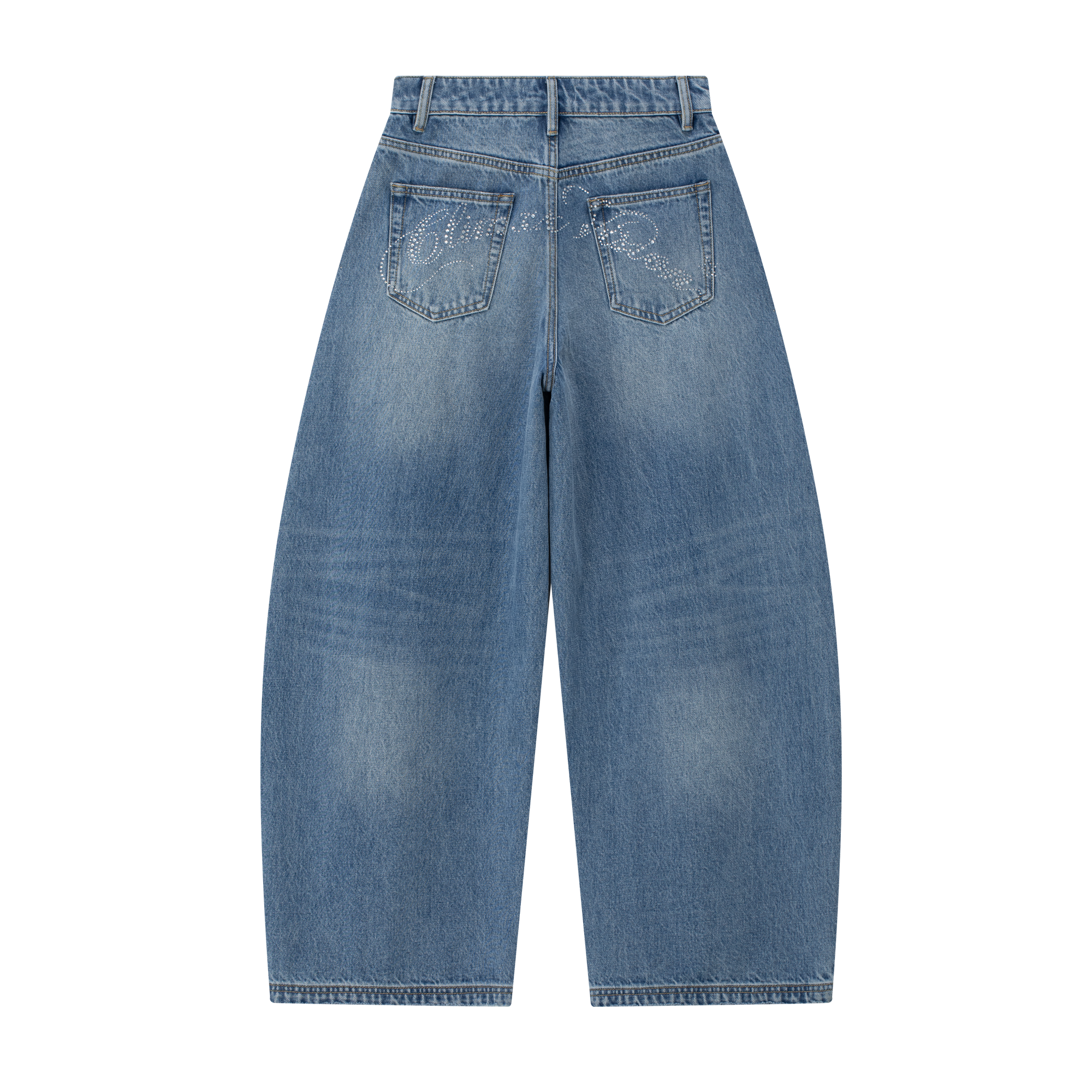 Blue Rhinestone Lettering Curved Blade Jeans