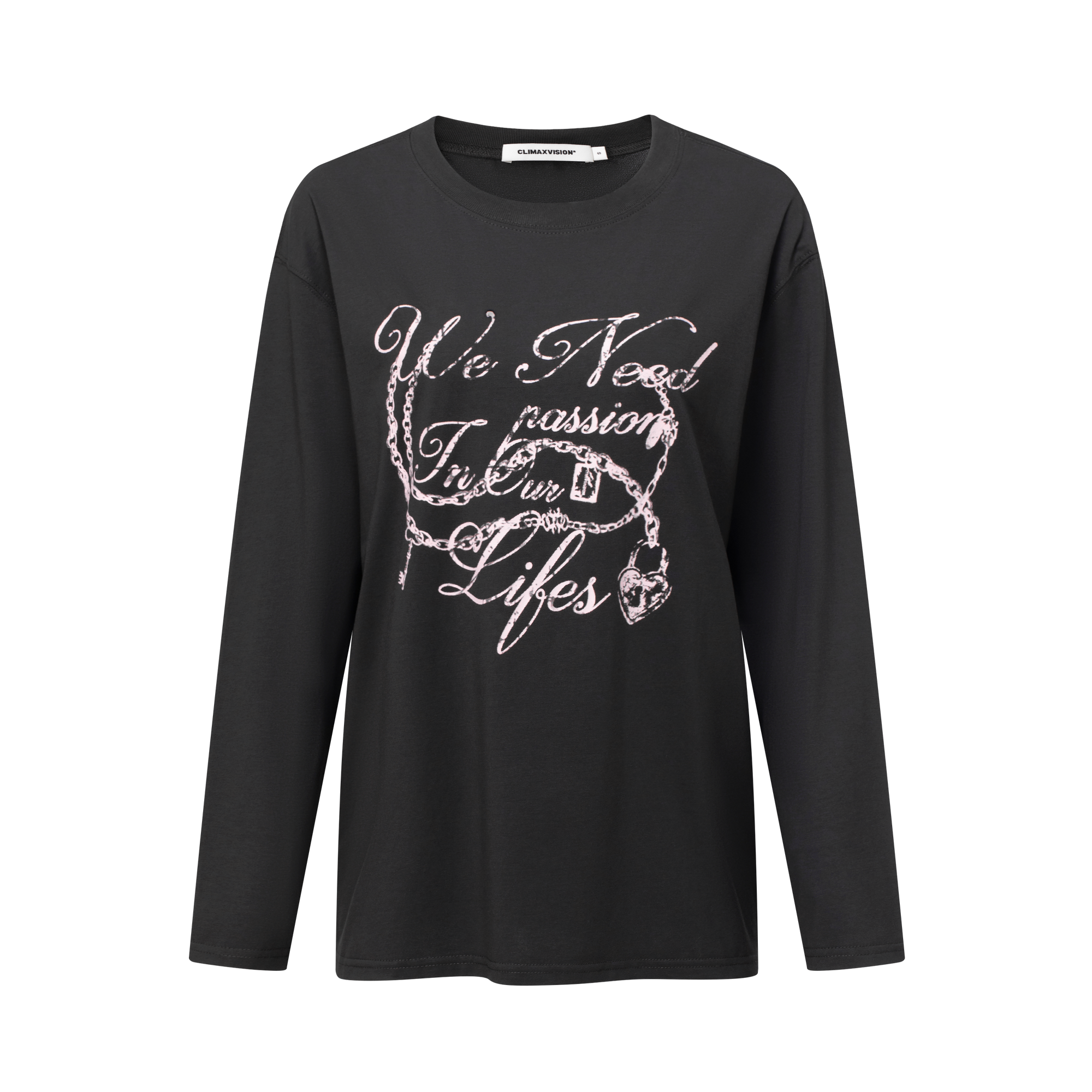 Dark Grey 3D Distressed Chain Letter Print Long-sleeved T-shirt