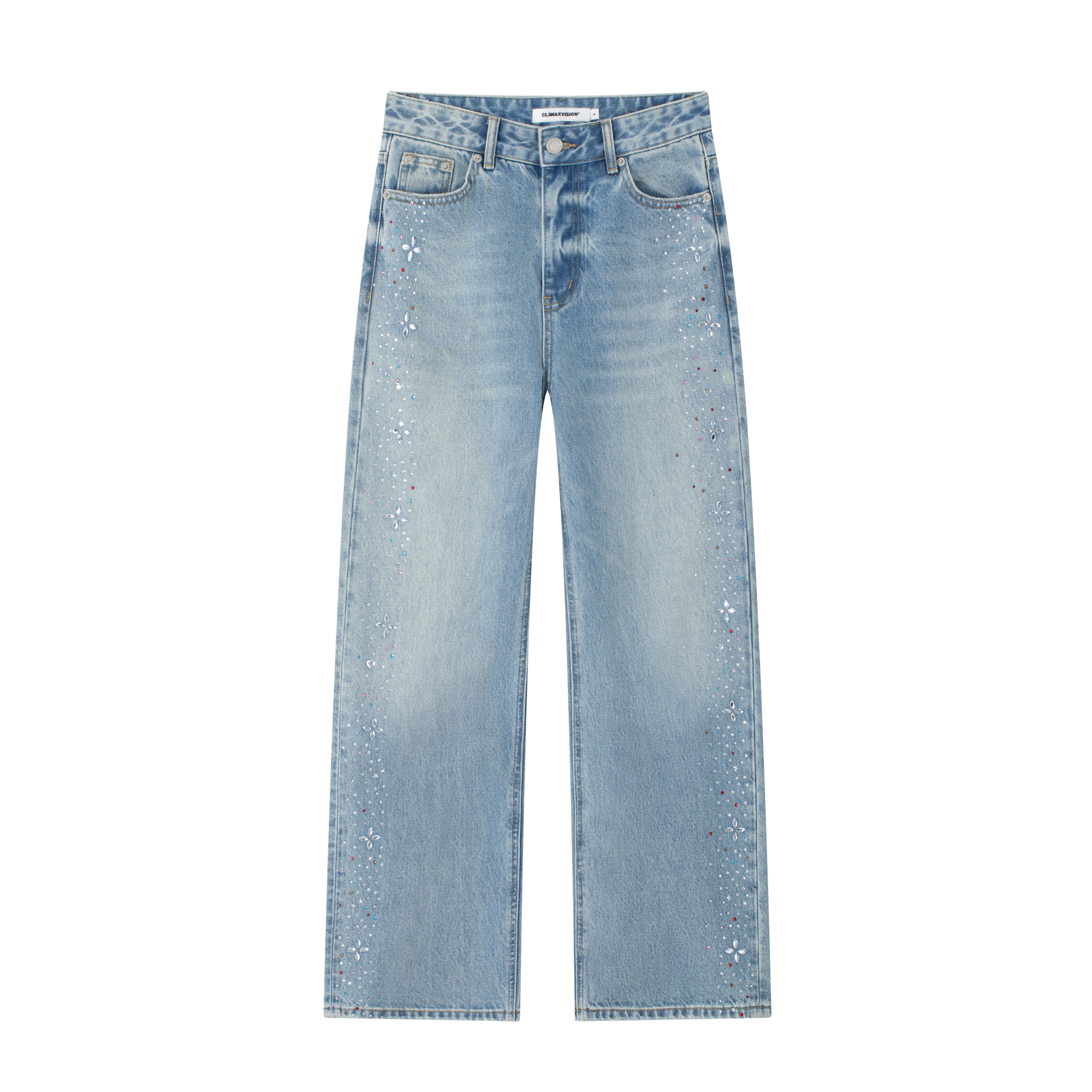 Blue Cross Rhinestone Washed Straight Leg Jeans