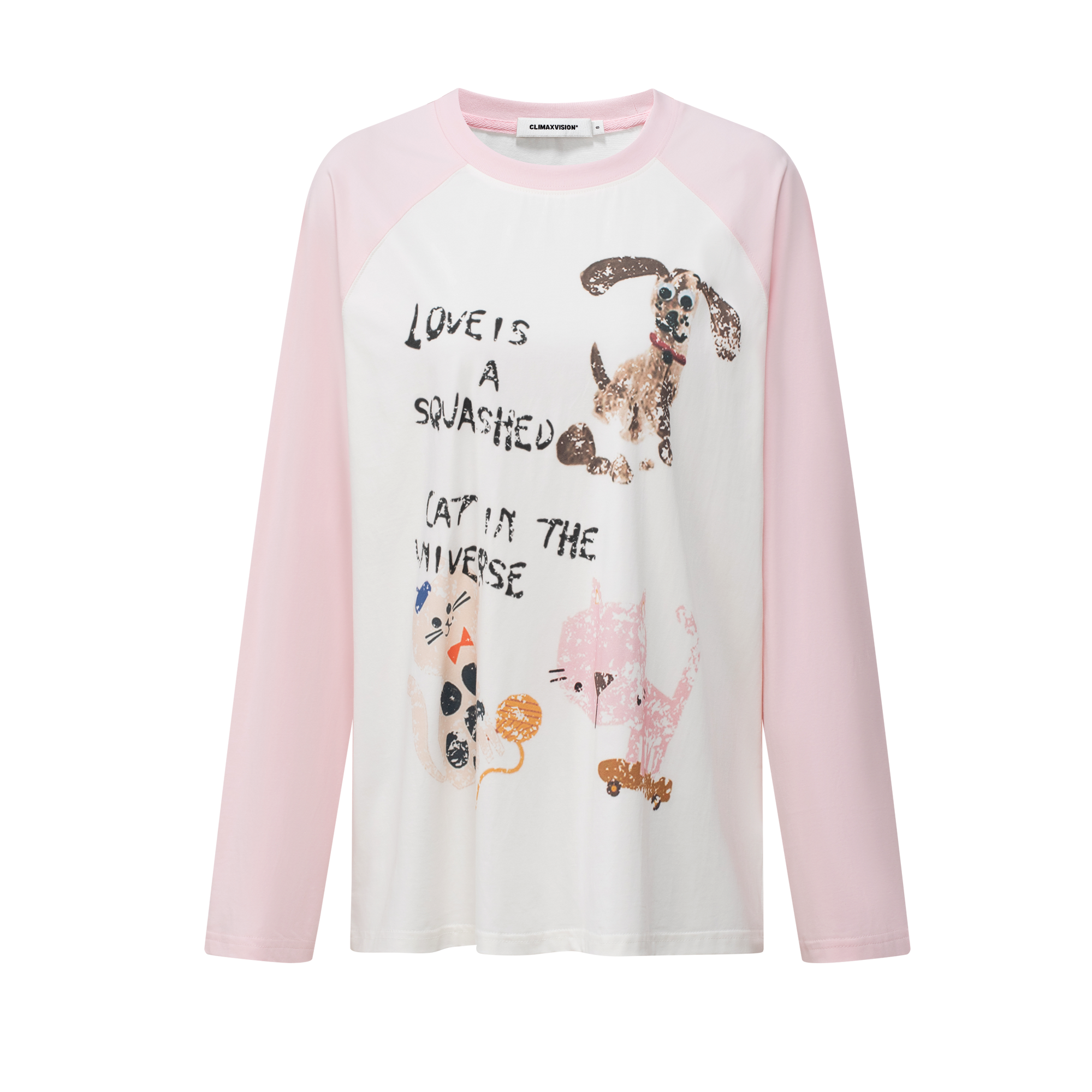 Pink Fun Print Contrast Raglan Long Sleeves