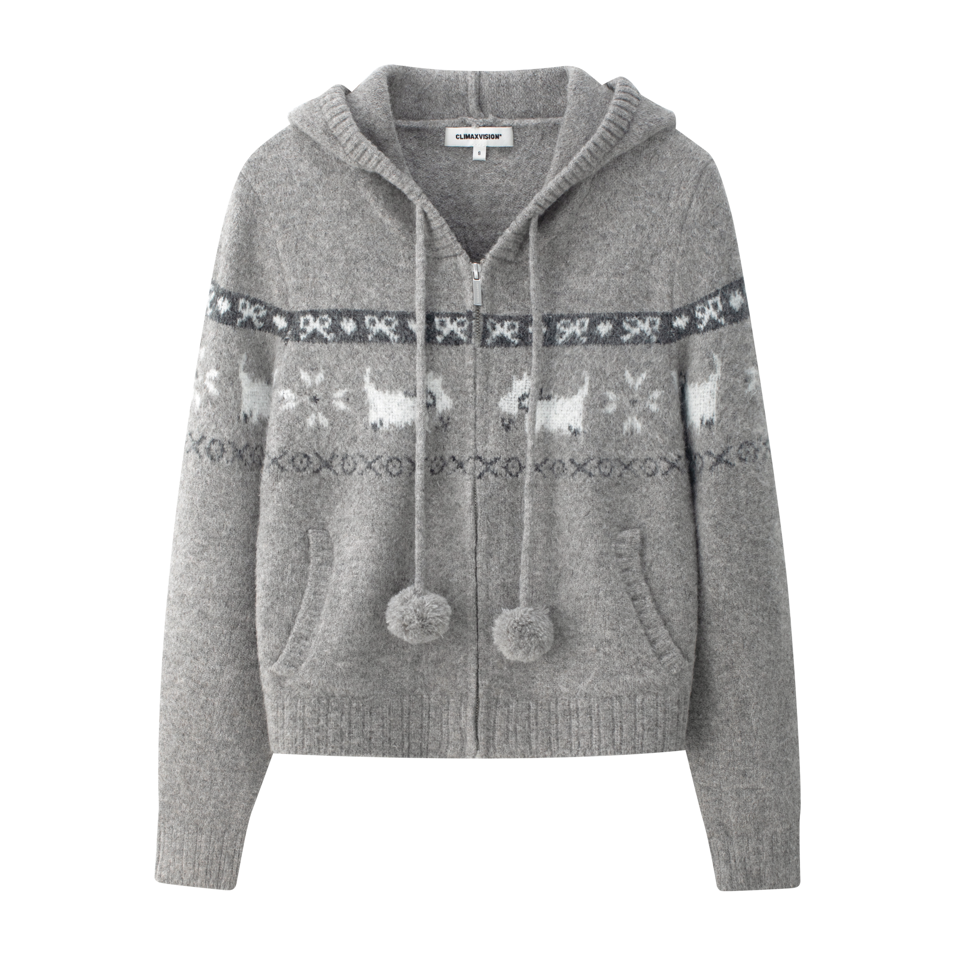 Grey Westie Knit Hooded Cardigan Sweater