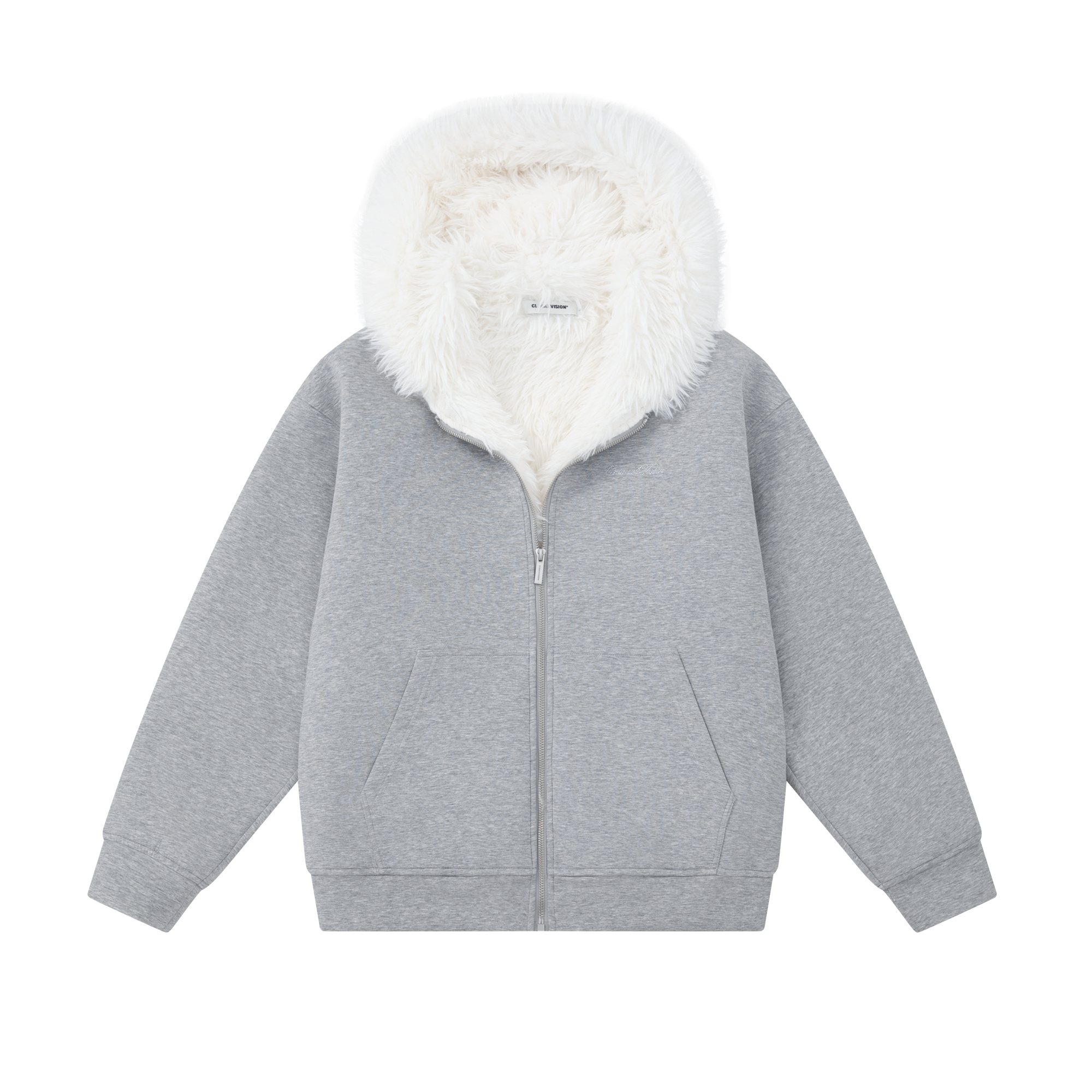 Grey Warm Rhinestone Logo Faux Fur Collar Hooded Jacket