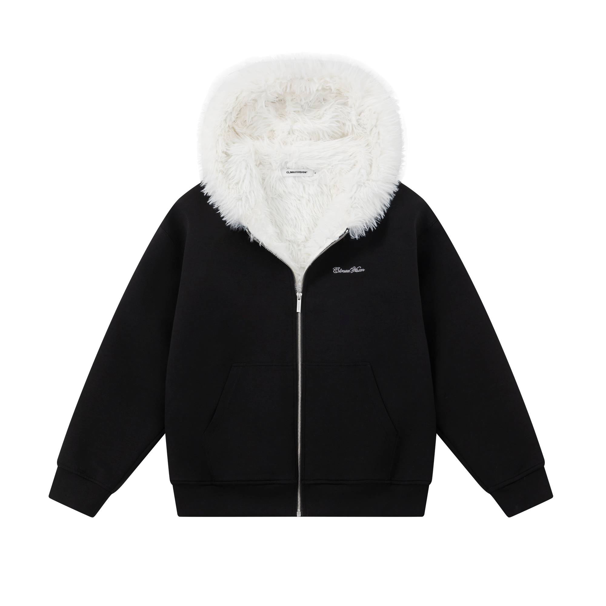 Black Warm Rhinestone Logo Faux Fur Collar Hooded Jacket