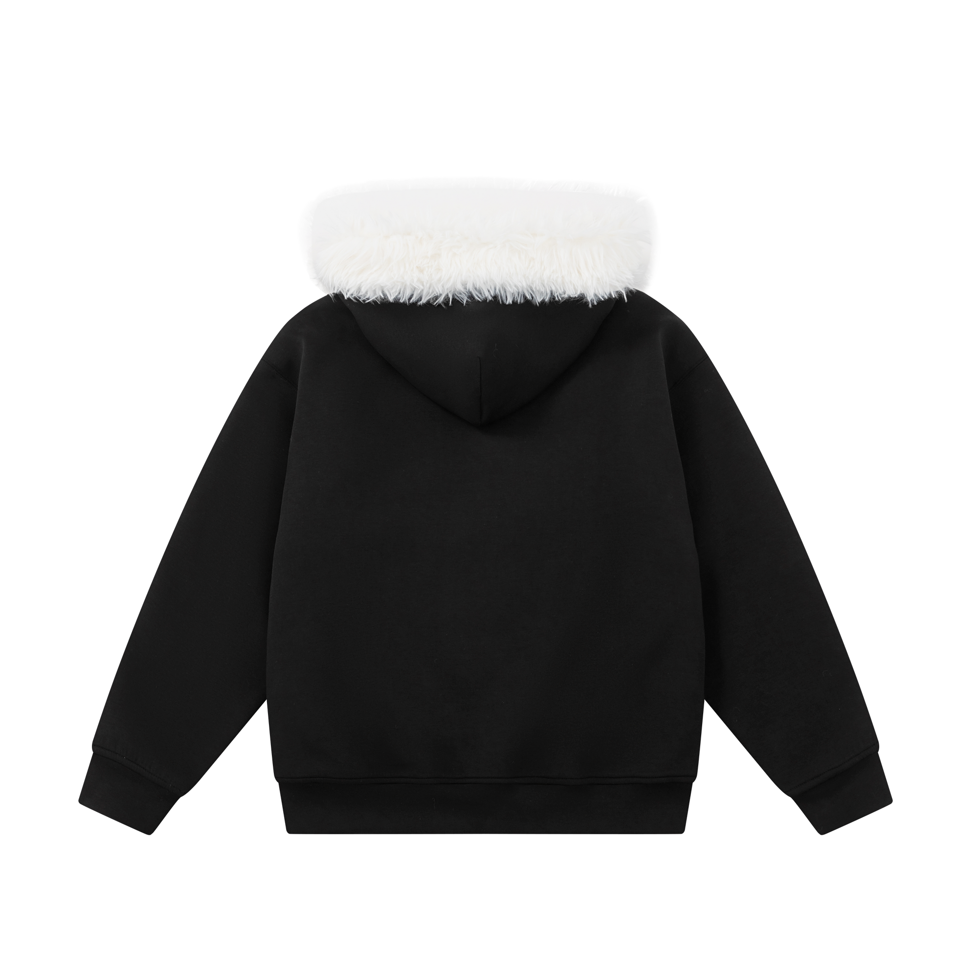 Black Warm Rhinestone Logo Faux Fur Collar Hooded Jacket