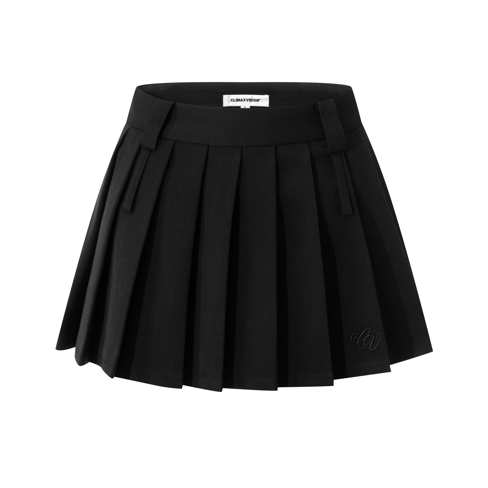 Black CV Embroidered Double Waistband Pleated Skirt
