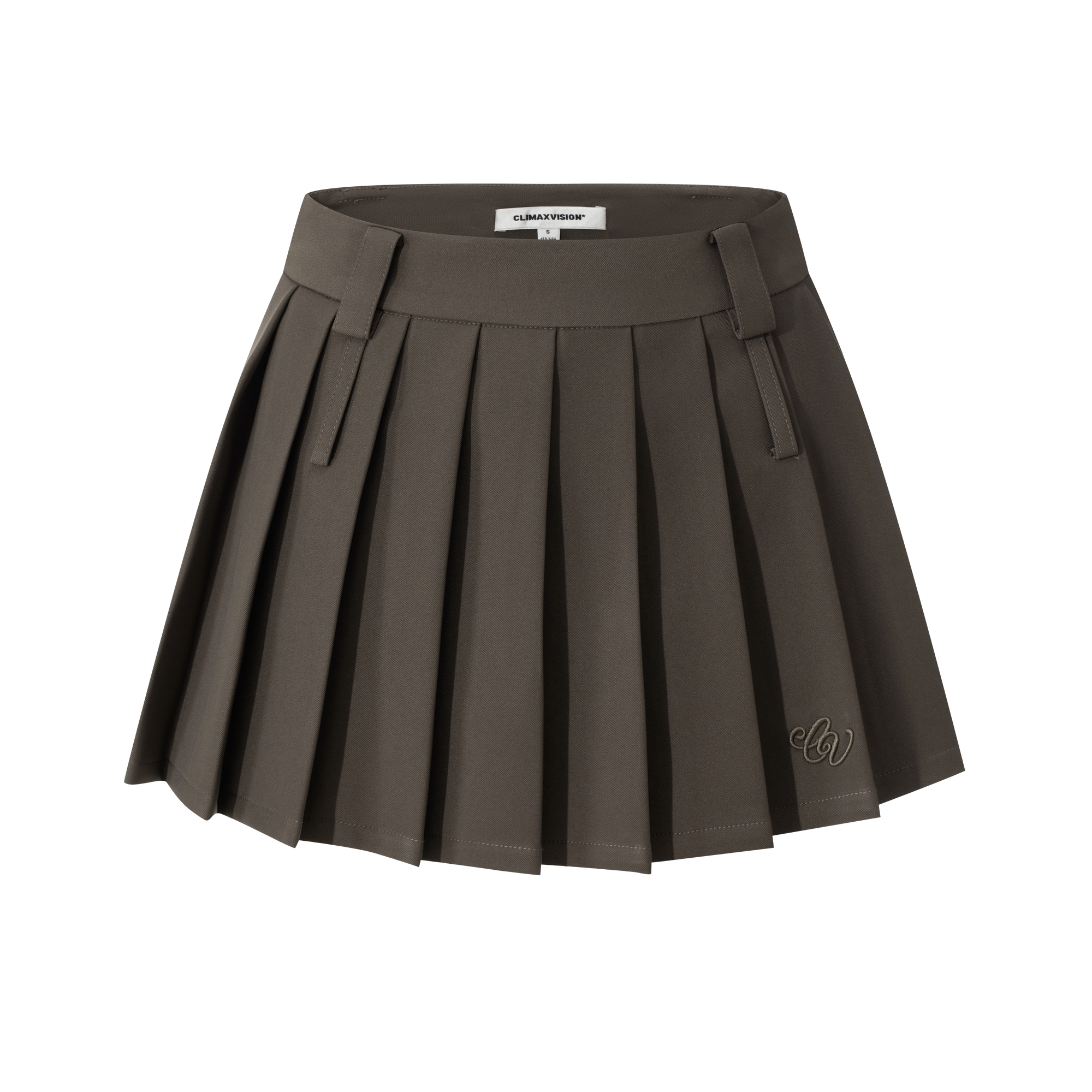 Brown CV Embroidered Double Waistband Pleated Skirt