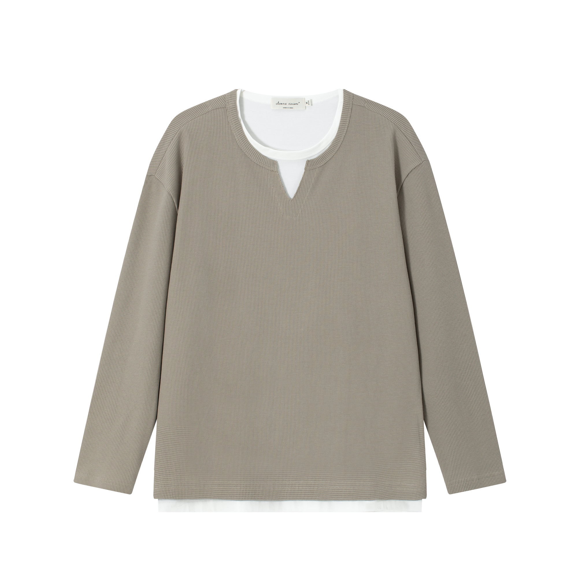 Light Brown Waffle Split Collar Fake Two-piece Long Sleeves