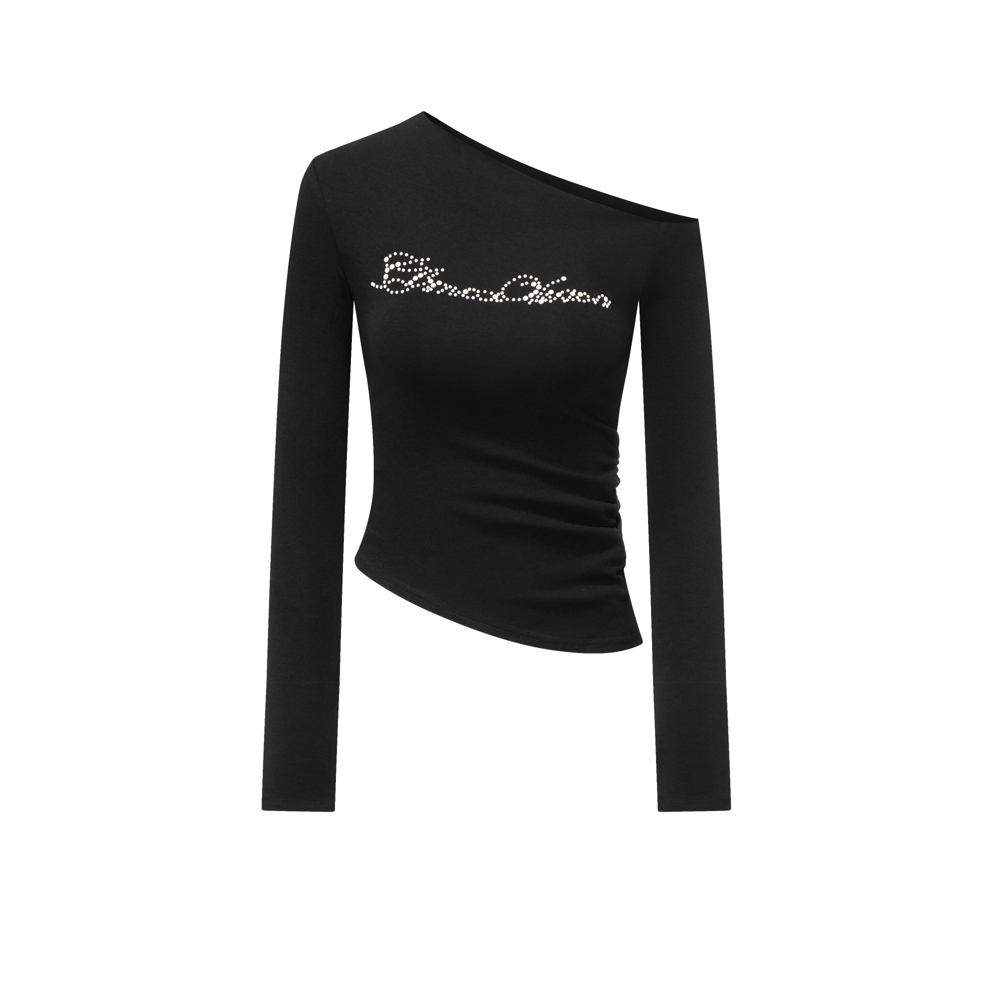 Black Off-shoulder Irregular Pearl Slim Long Sleeves