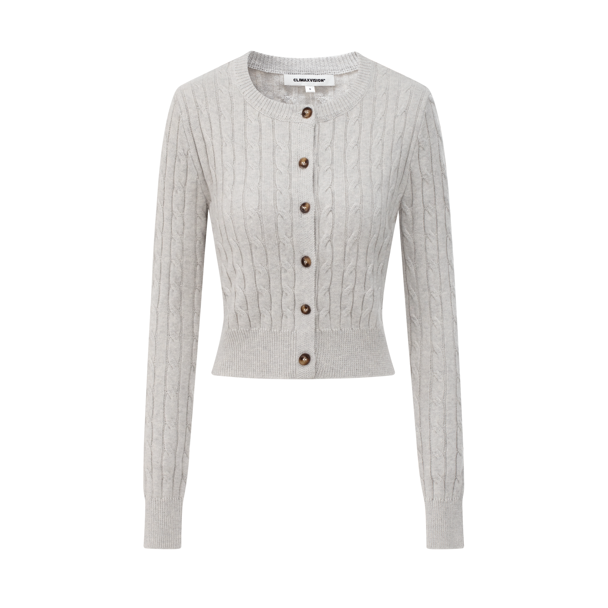 Light Grey Retro Cable Knit Soft Classic Round Neck Knit Cardigan