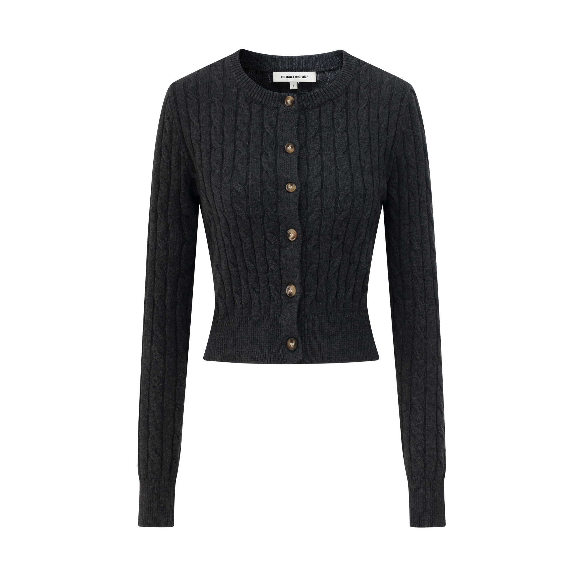 Dark Grey Retro Cable Knit Soft Classic Round Neck Knit Cardigan