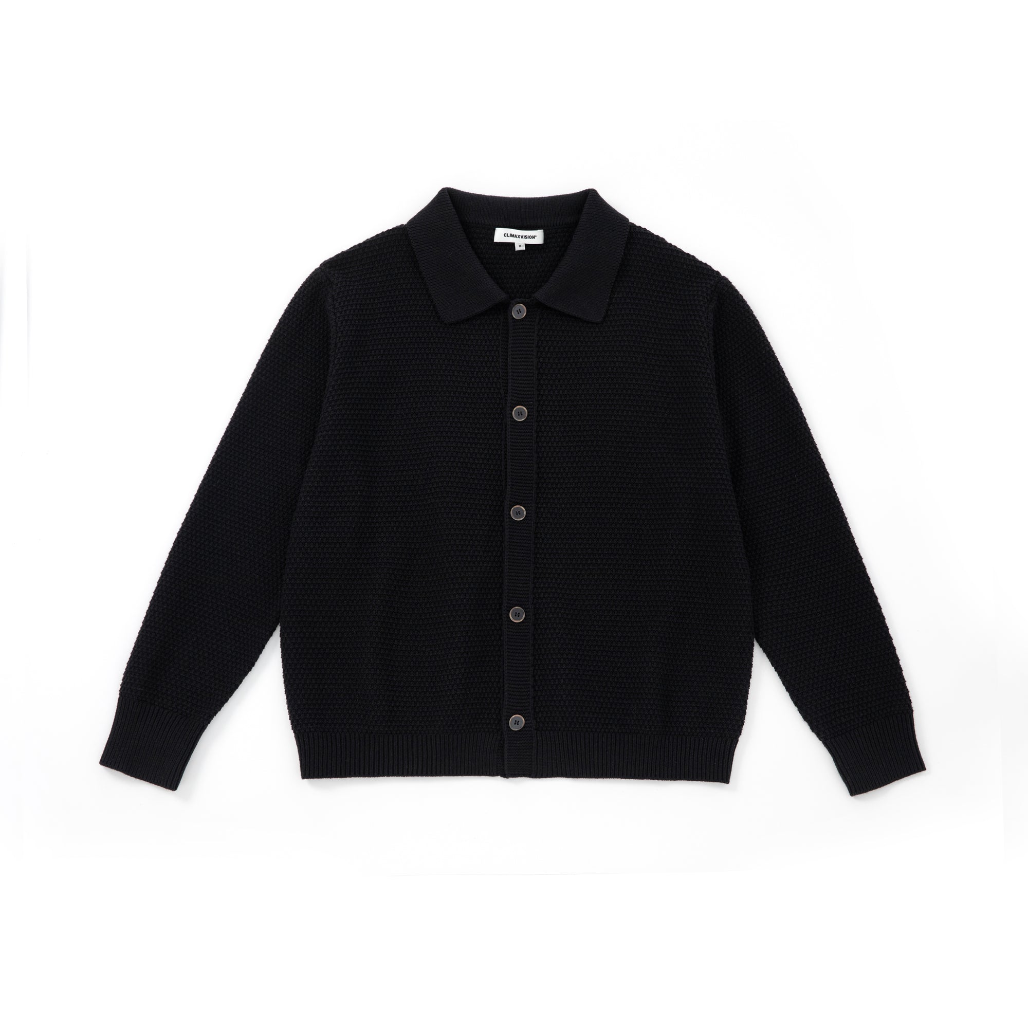 Black Textured Relaxed Sweater Lapel Button Cardigan