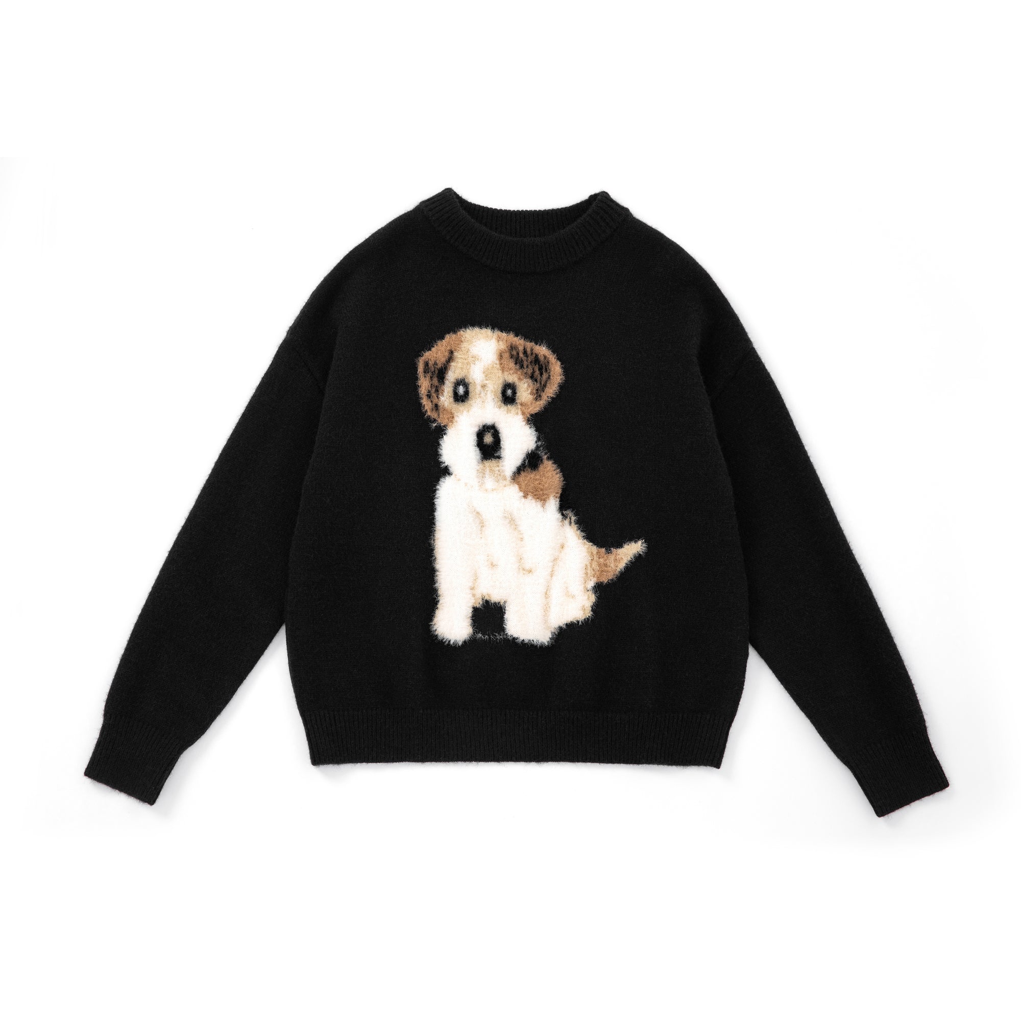Plush Cartoon Puppy Jacquard Pullover Sweater In Black