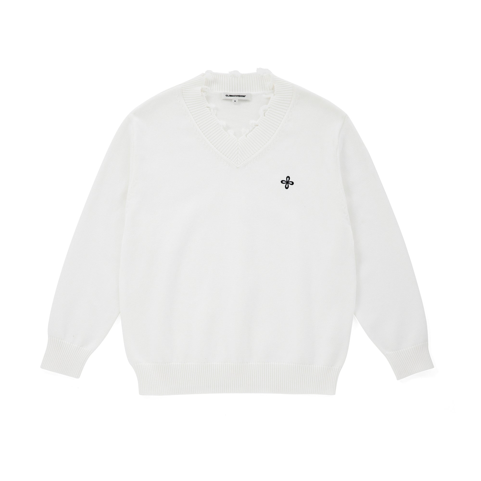 White Cotton Cross-stitch Embroidered Raw-Edge V-Neck Sweater